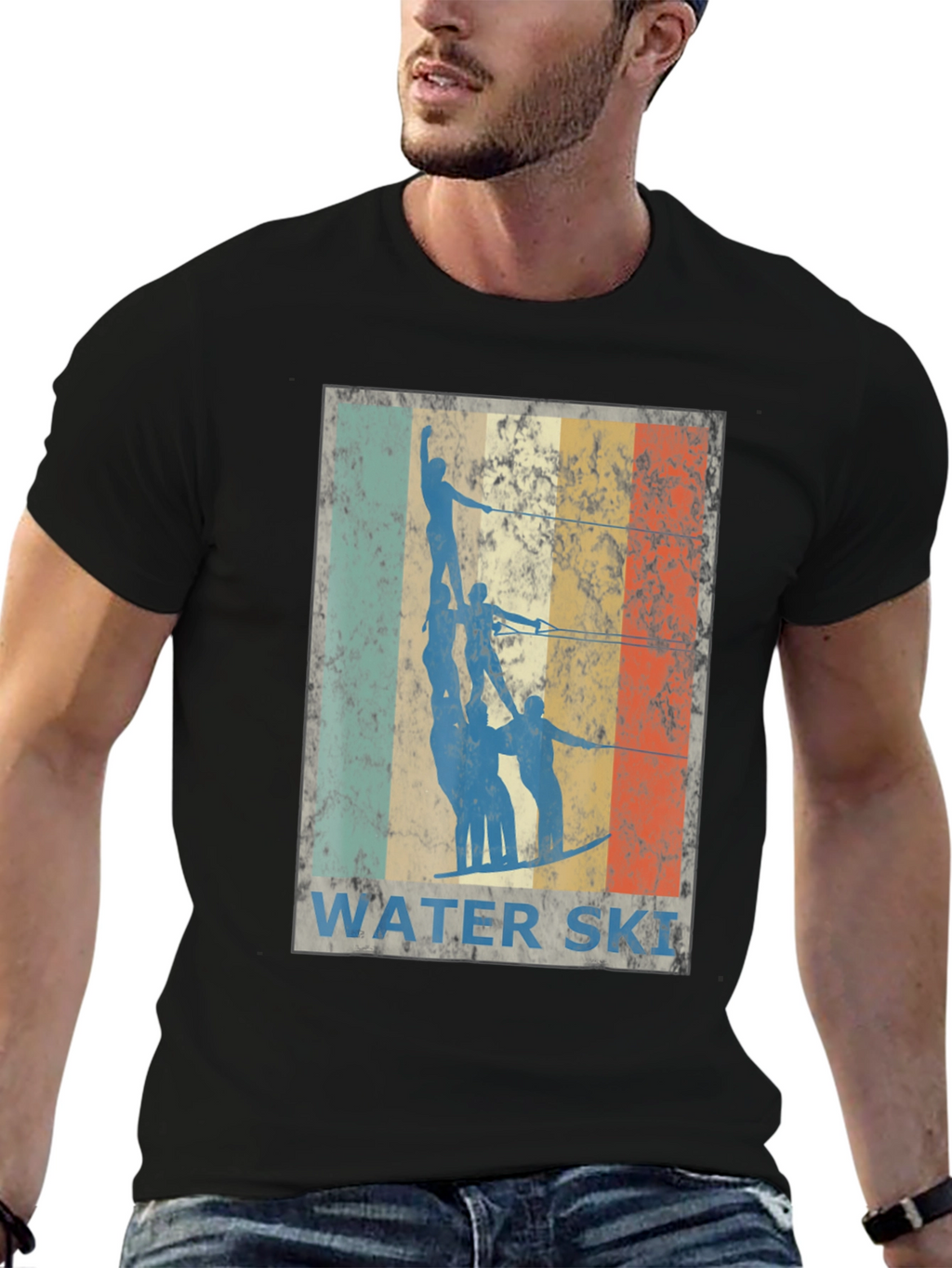 Retro Water Skiing Graphic Tee - Black