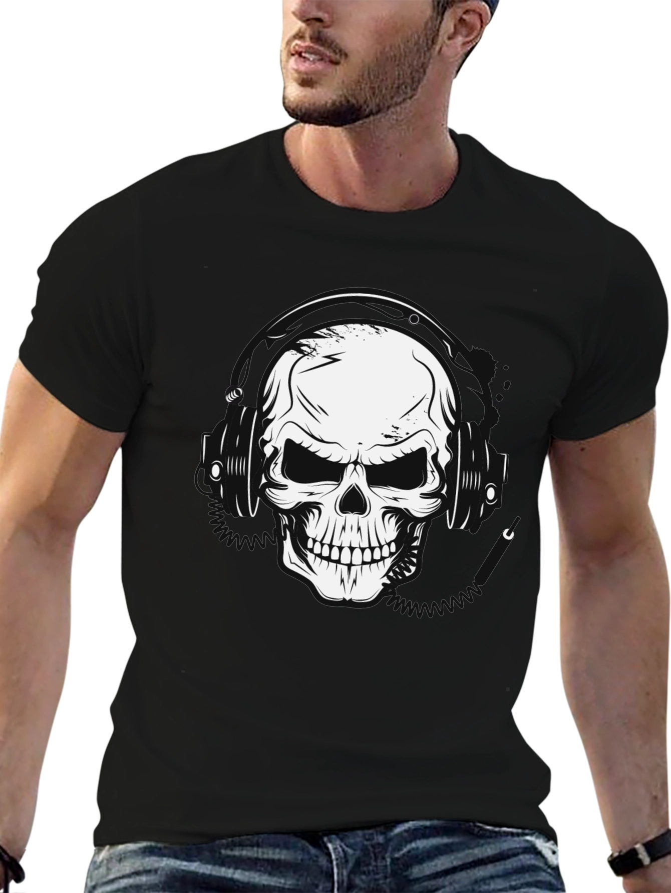 Skull Headphones Graphic T-Shirt - Black