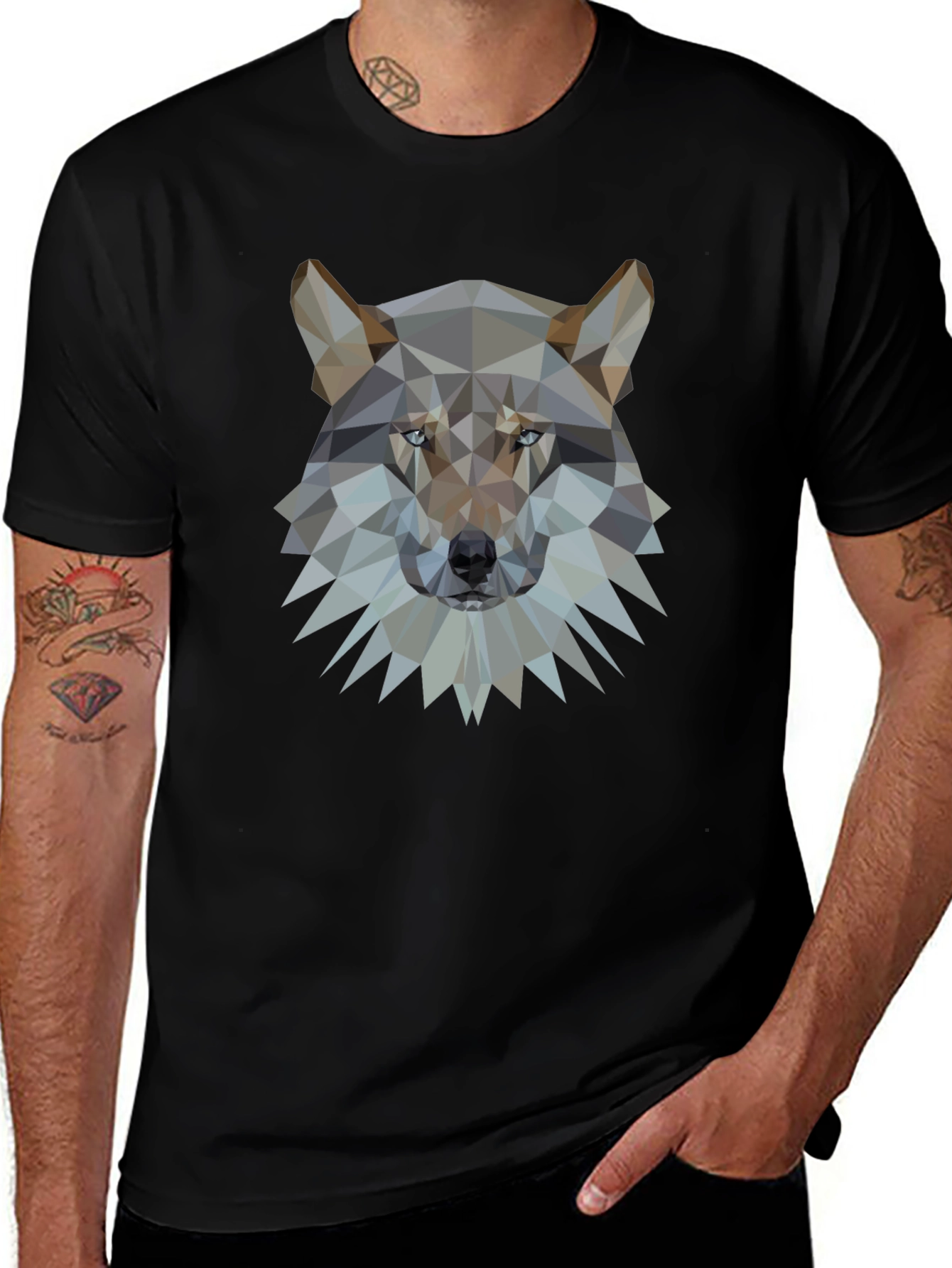 Geometric Wolf Head Graphic Black T-Shirt