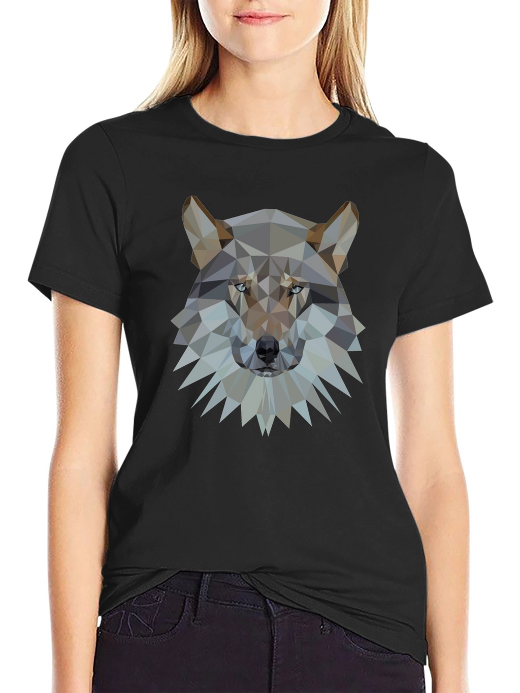 Geometric Wolf Head Graphic Black T-Shirt