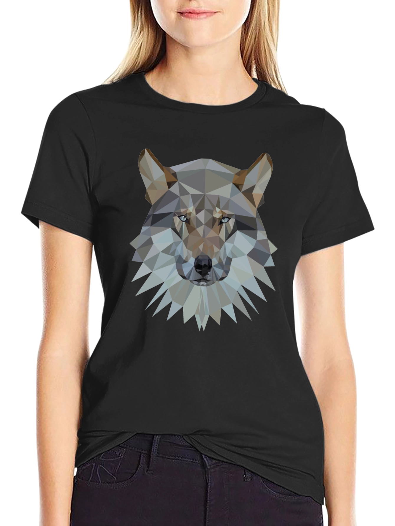 Geometric Wolf Head Graphic Black T-Shirt