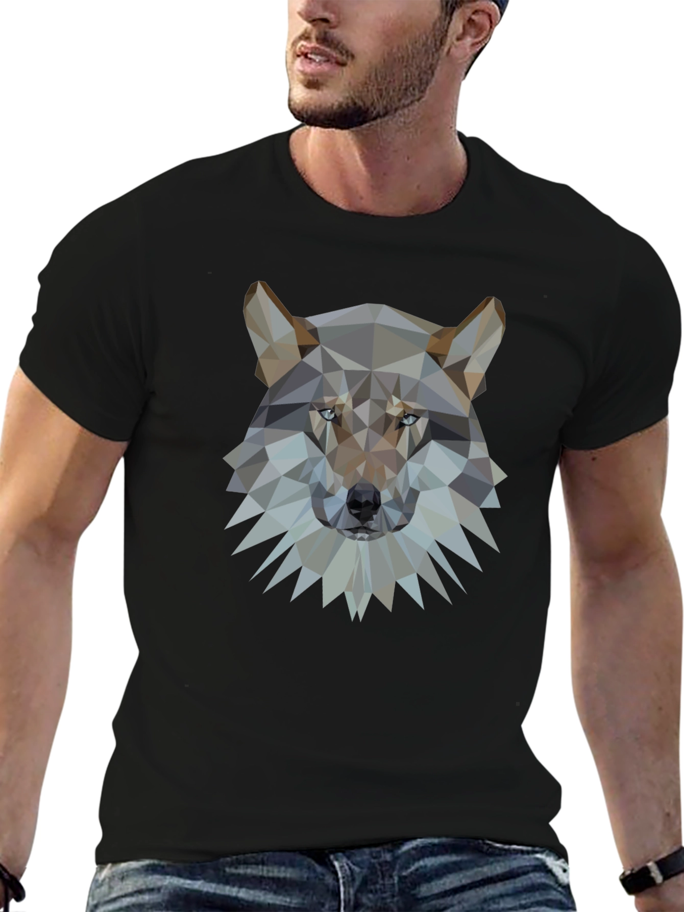 Geometric Wolf Head Graphic Black T-Shirt
