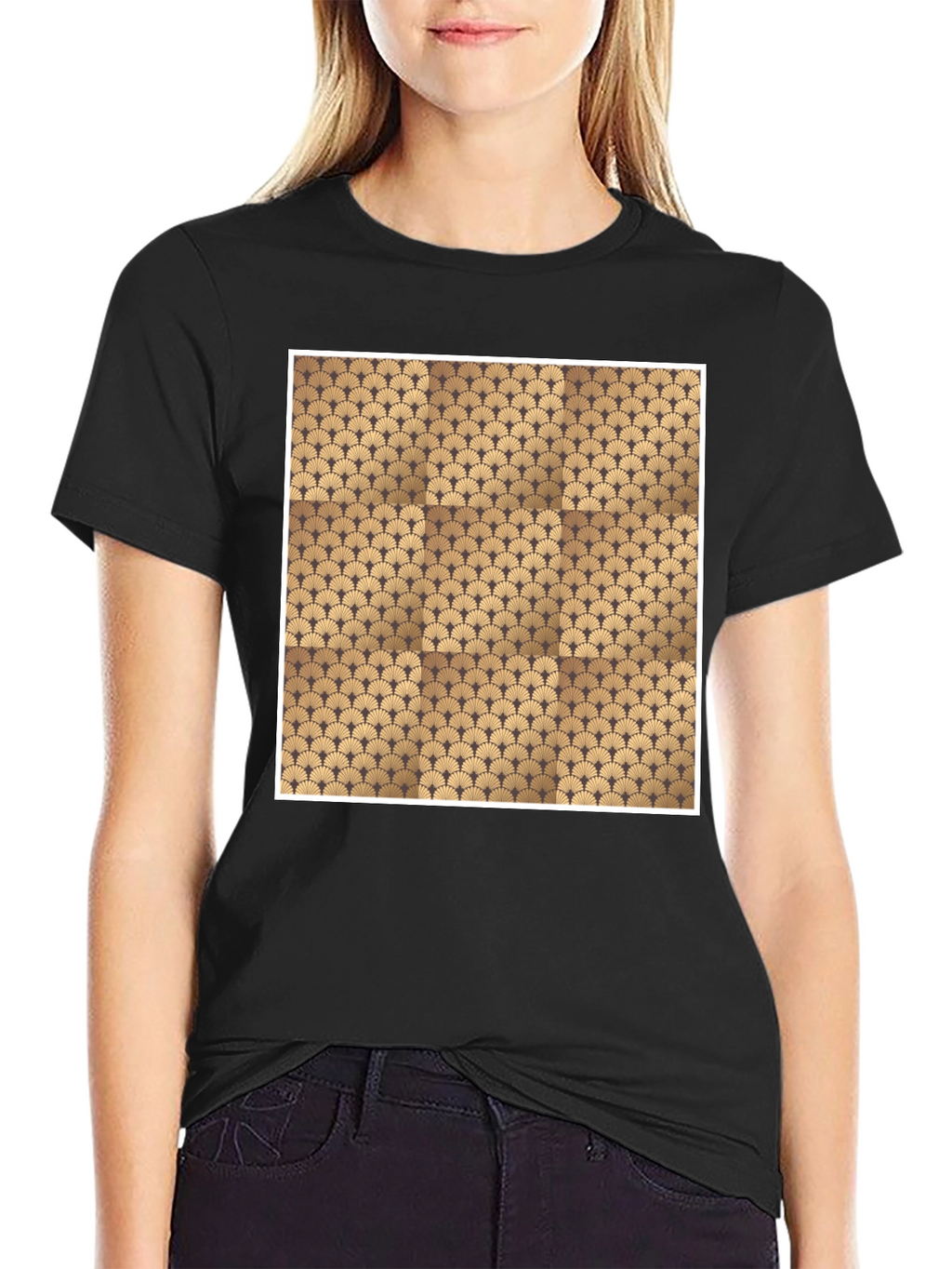 Stylish Black Tee with Geometric Fan Design