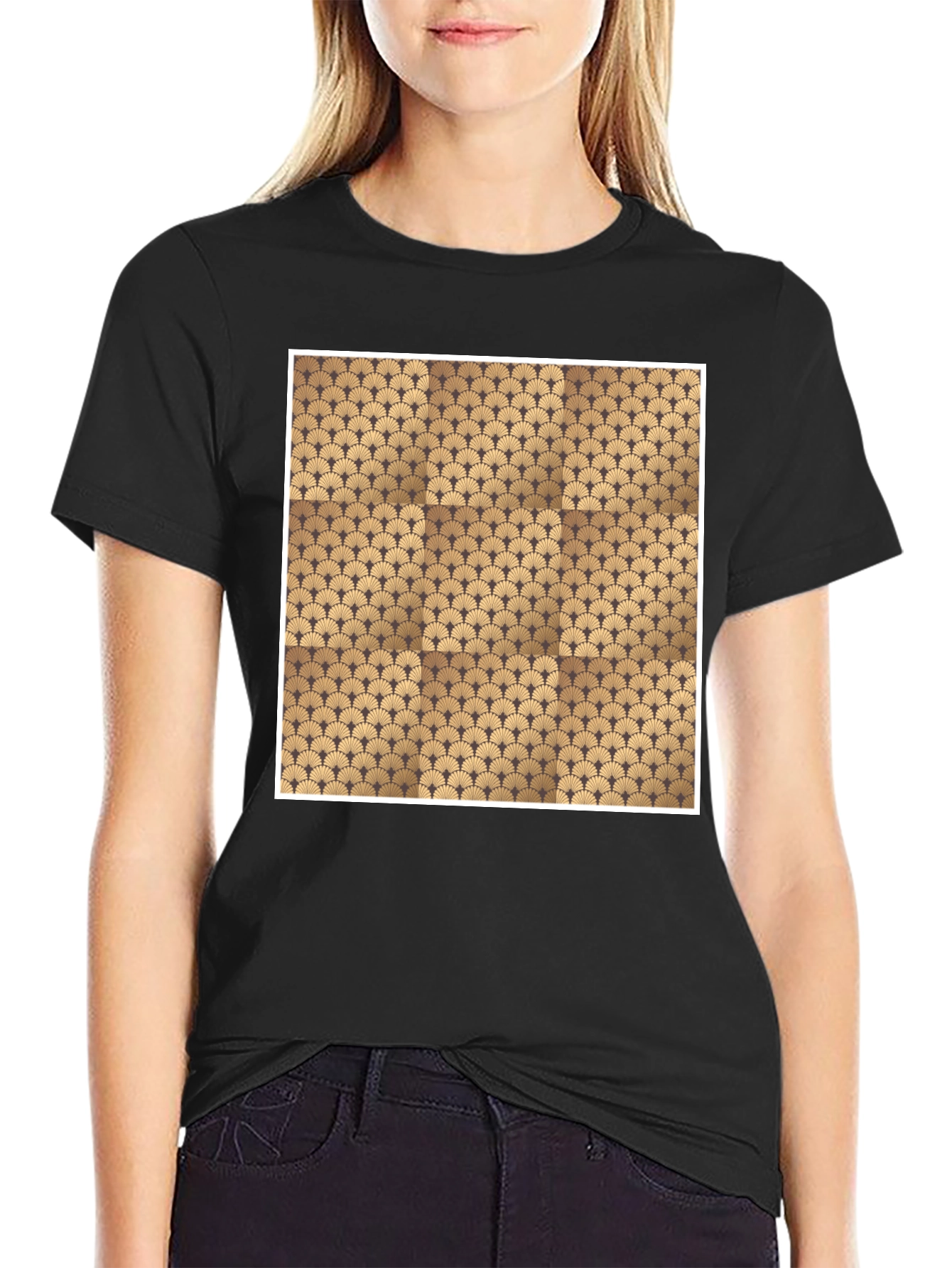 Stylish Black Tee with Geometric Fan Design