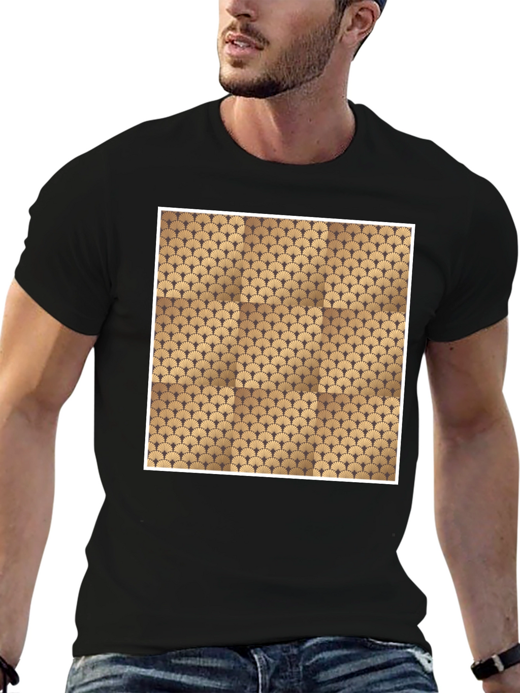 Stylish Black Tee with Geometric Fan Design
