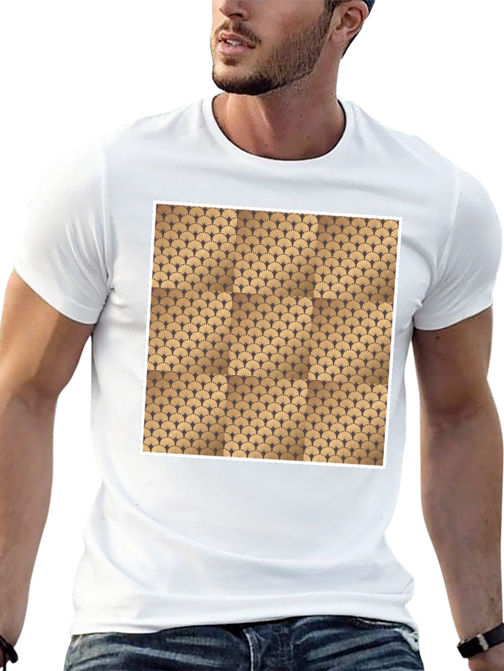 Stylish Black Tee with Geometric Fan Design
