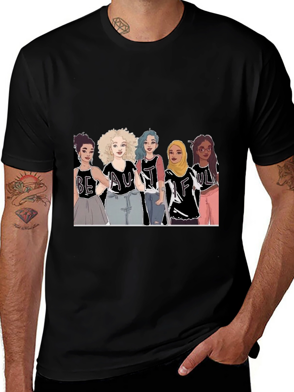 Beautiful Women Illustration Tee - Black Cotton Casual Shirt