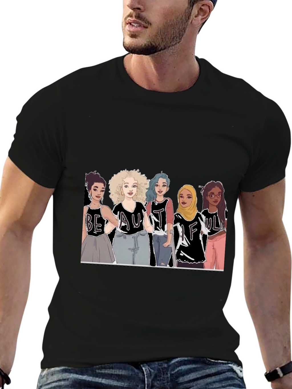 Beautiful Women Illustration Tee - Black Cotton Casual Shirt