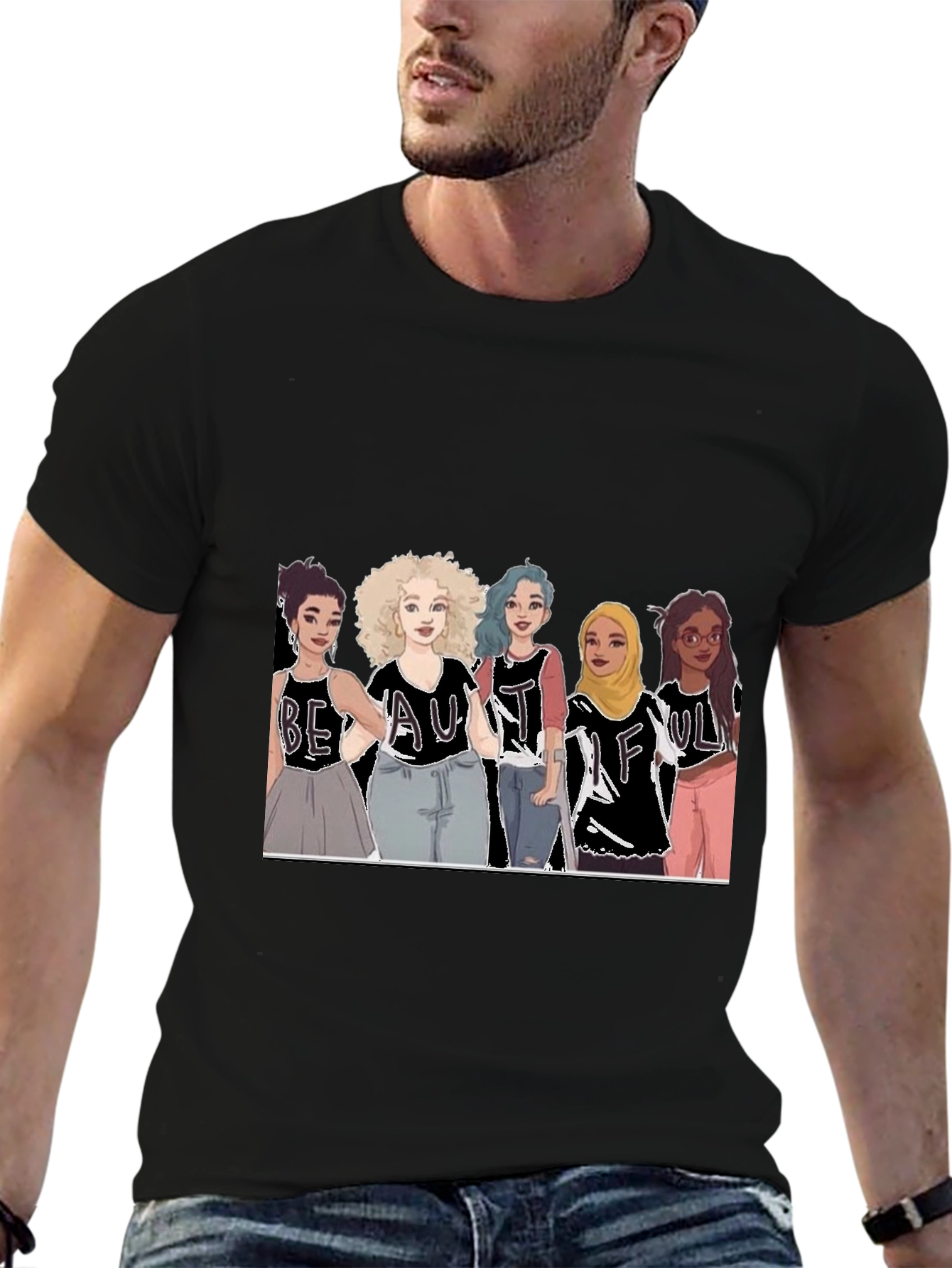 Beautiful Women Illustration Tee - Black Cotton Casual Shirt