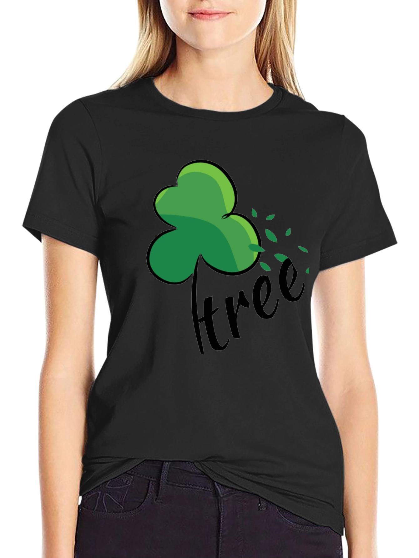 Green Shamrock Tree Graphic Black T-Shirt