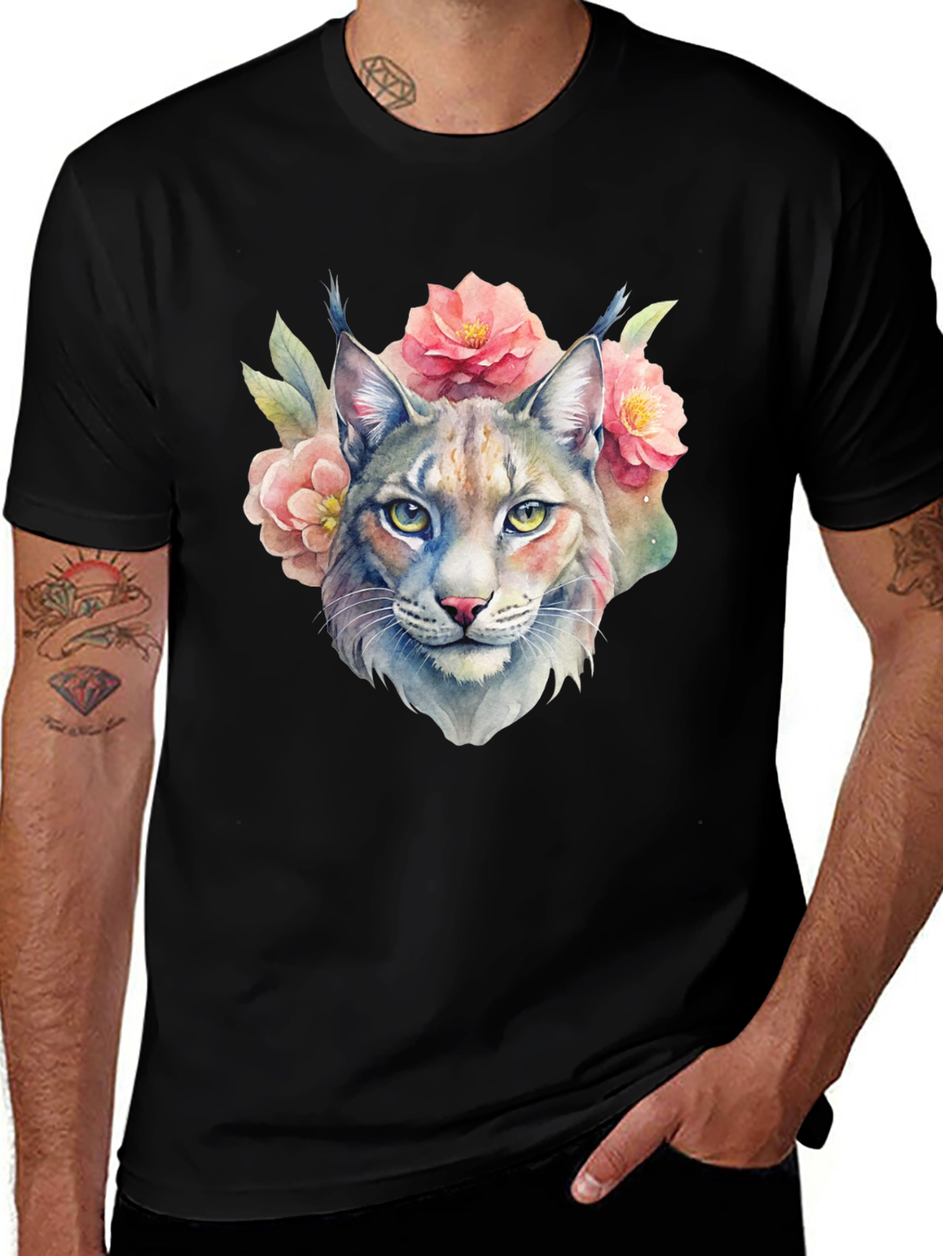 Lynx Floral T-Shirt - Watercolor Style