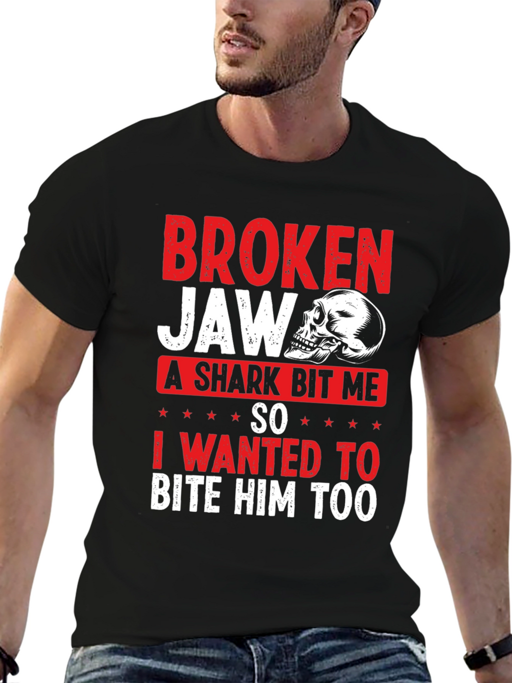 Broken Jaw Shark Bite Funny Graphic T-Shirt