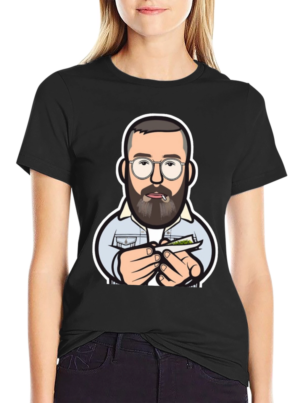 Cool Cartoon Man Rolling Joint Black T-Shirt