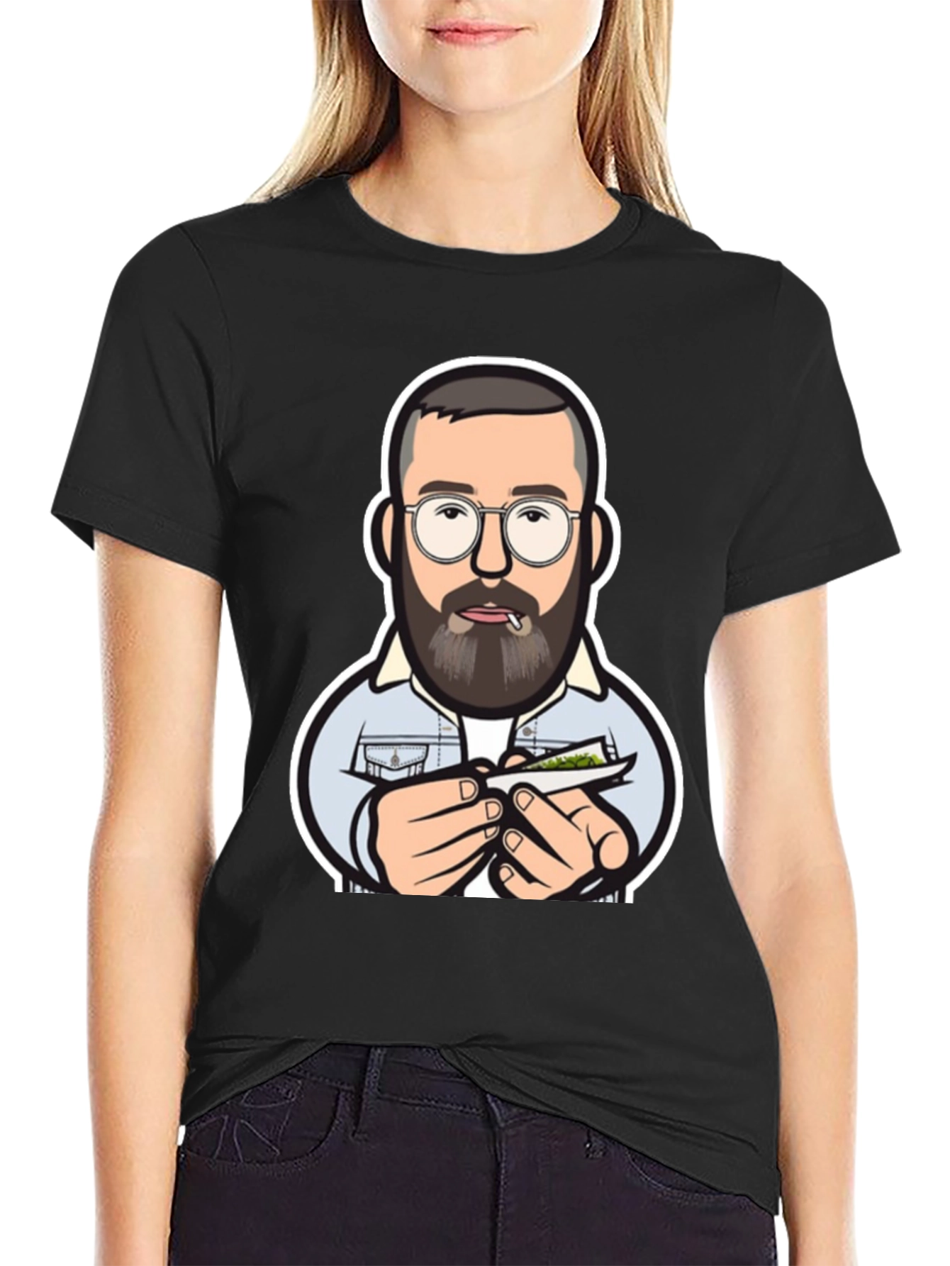 Cool Cartoon Man Rolling Joint Black T-Shirt