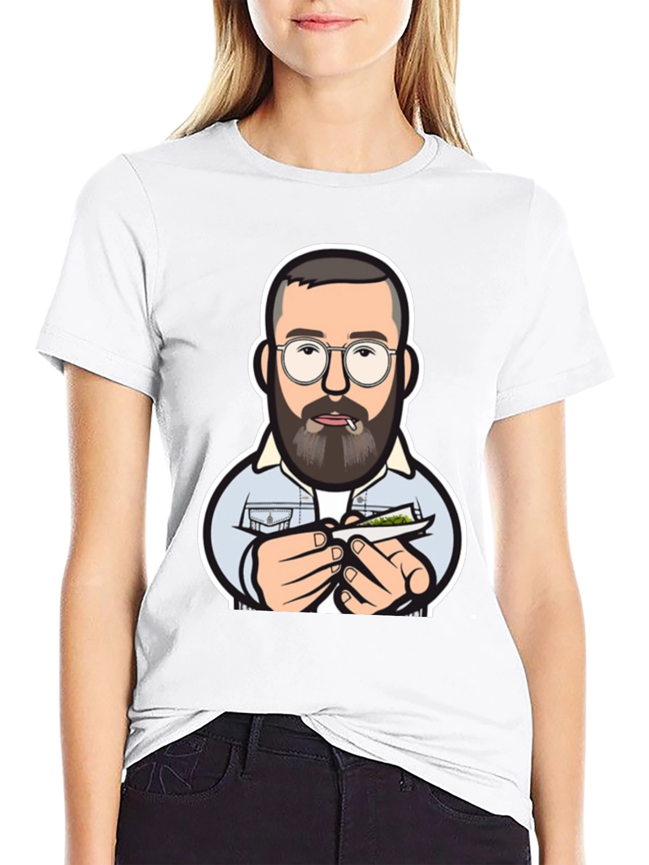 Cool Cartoon Man Rolling Joint Black T-Shirt
