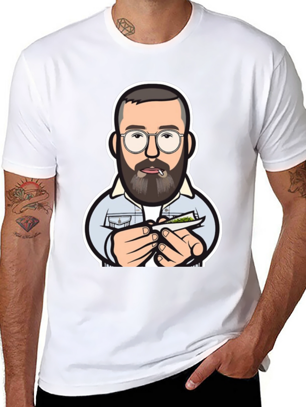 Cool Cartoon Man Rolling Joint Black T-Shirt