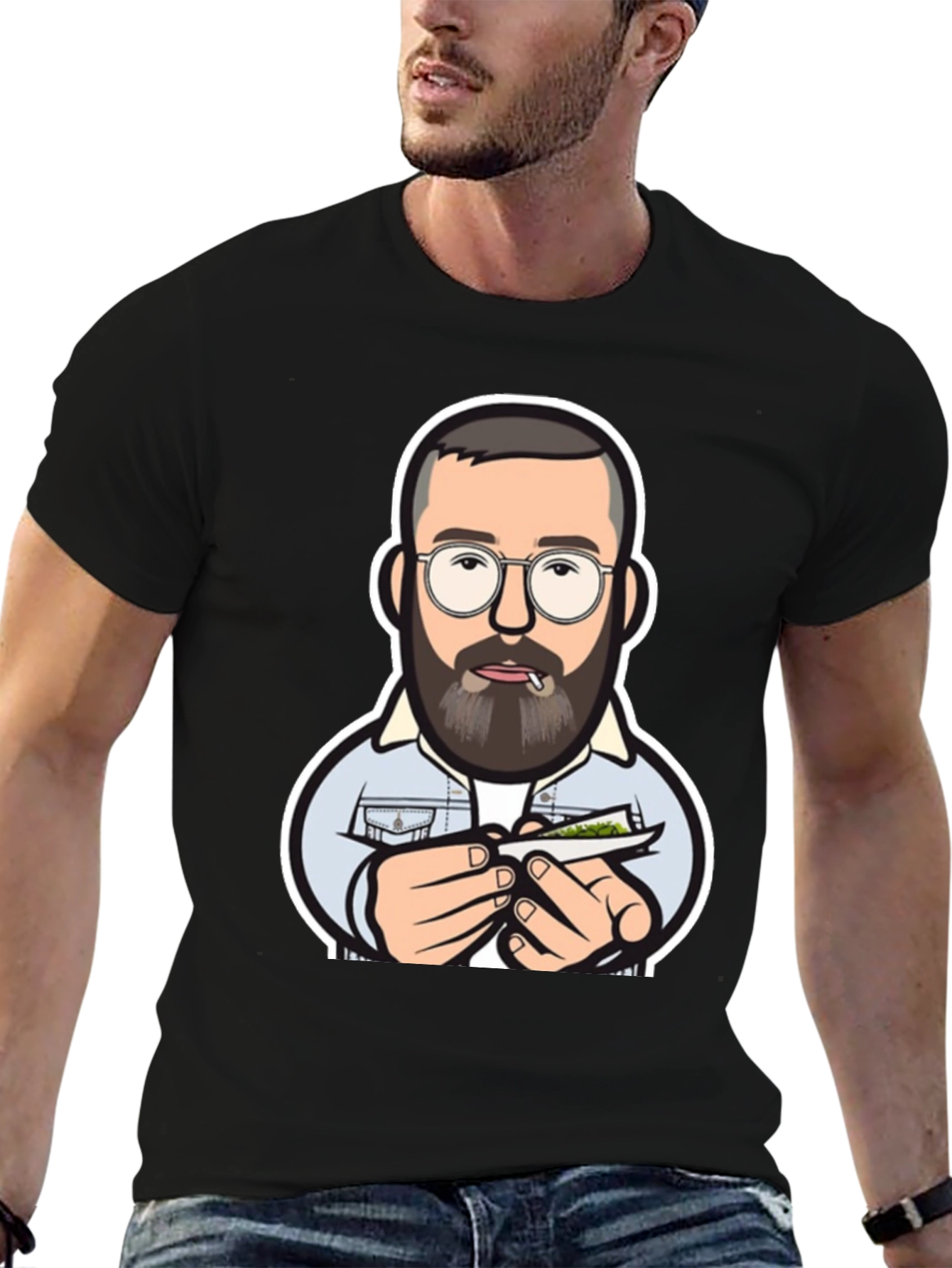 Cool Cartoon Man Rolling Joint Black T-Shirt