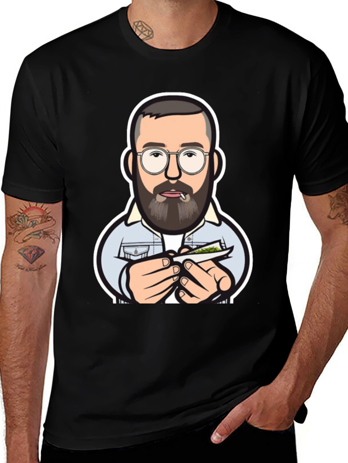 Cool Cartoon Man Rolling Joint Black T-Shirt