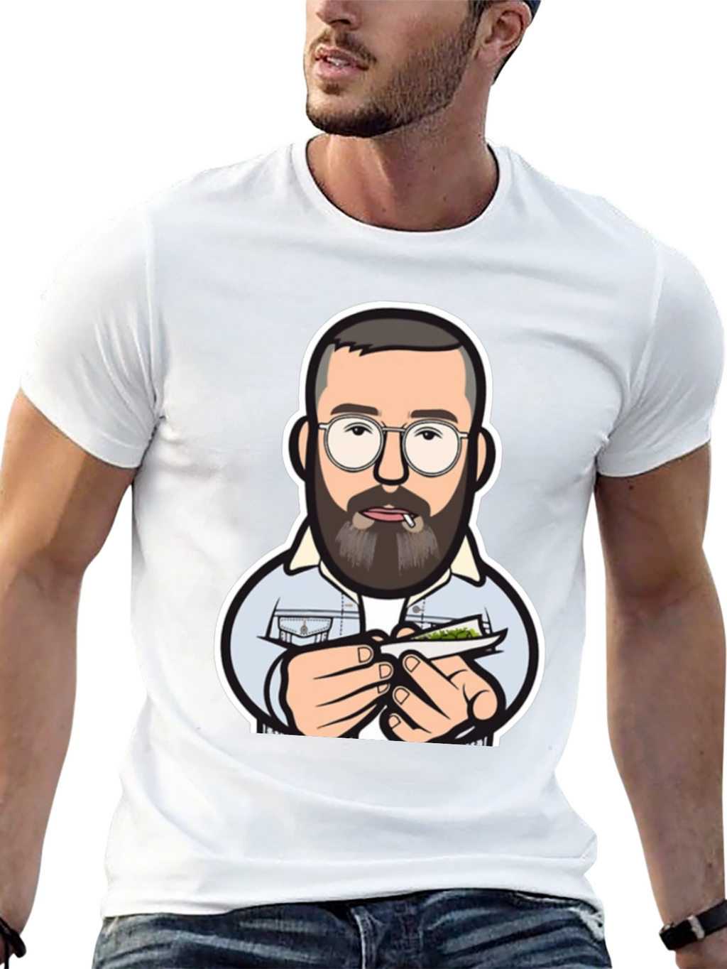 Cool Cartoon Man Rolling Joint Black T-Shirt