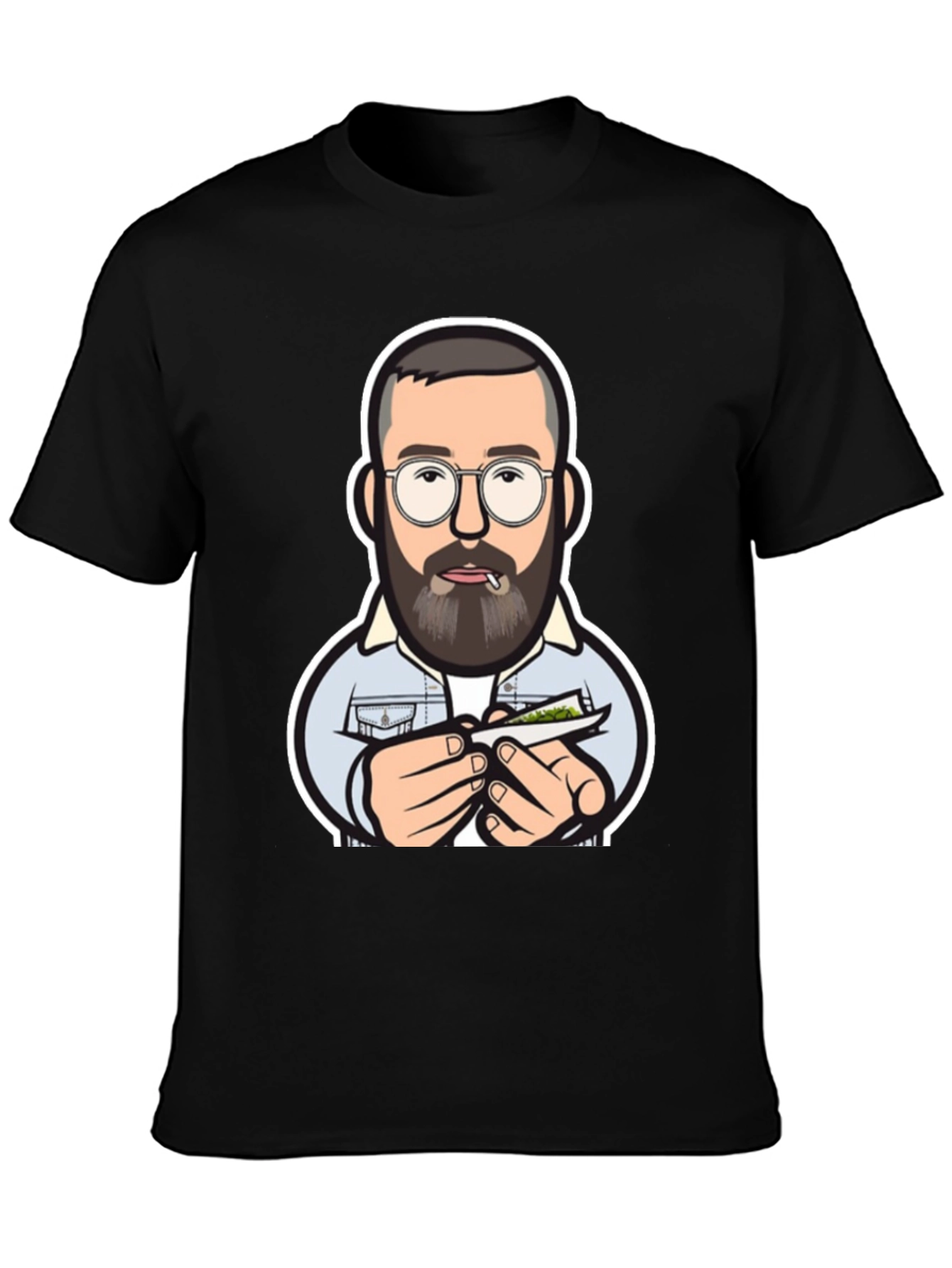Cool Cartoon Man Rolling Joint Black T-Shirt