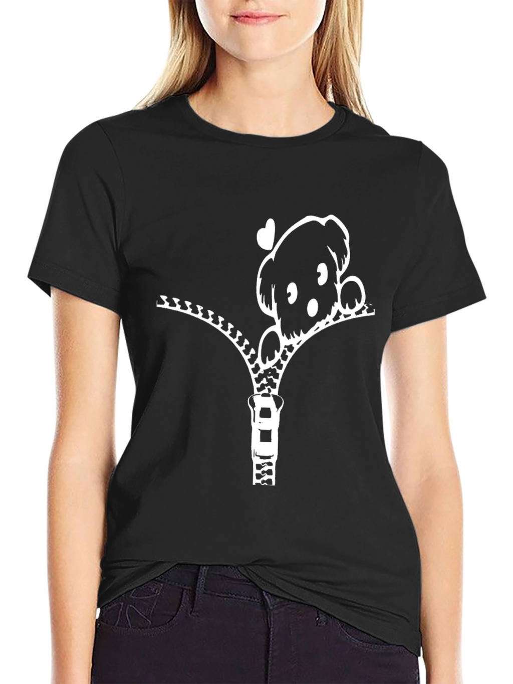 Cute Puppy Zipper T-Shirt - Black