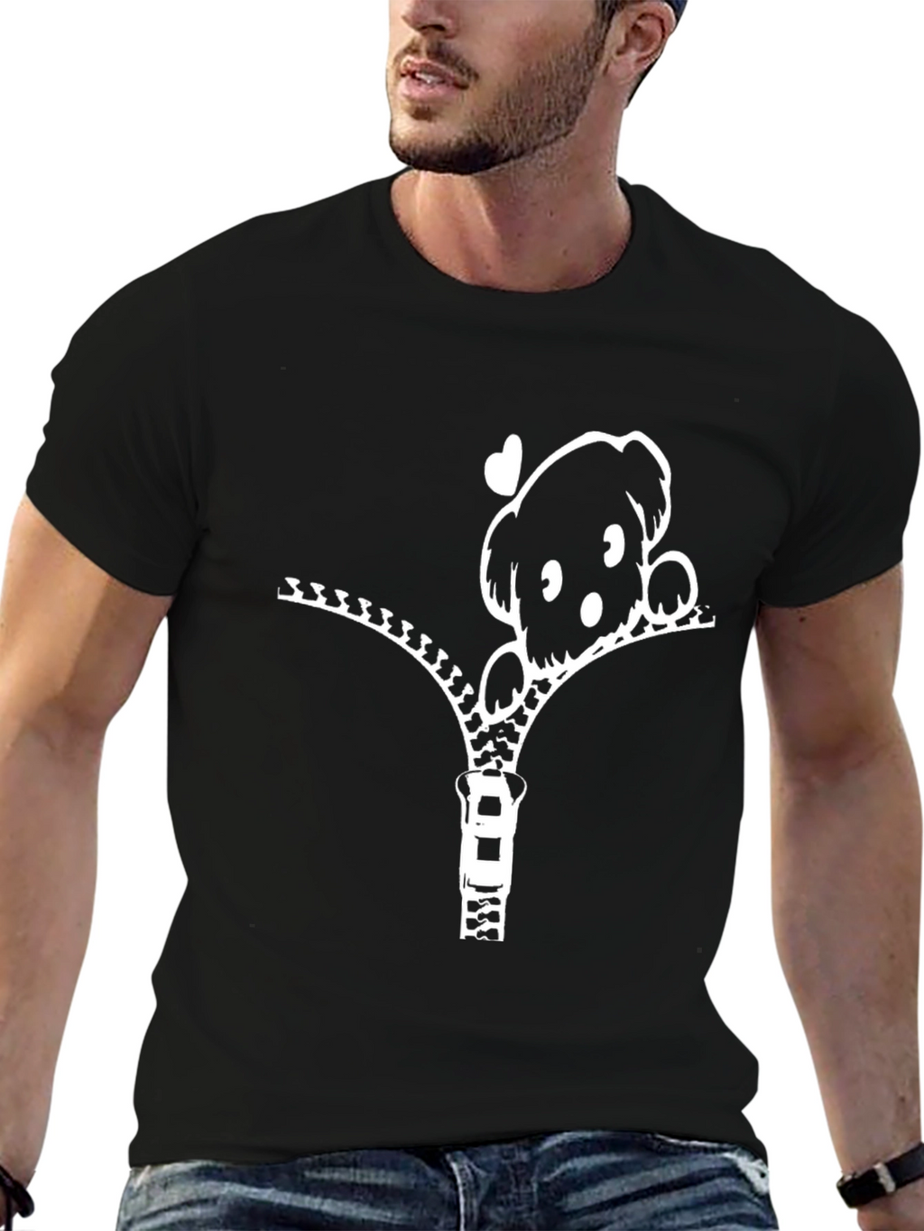 Cute Puppy Zipper T-Shirt - Black
