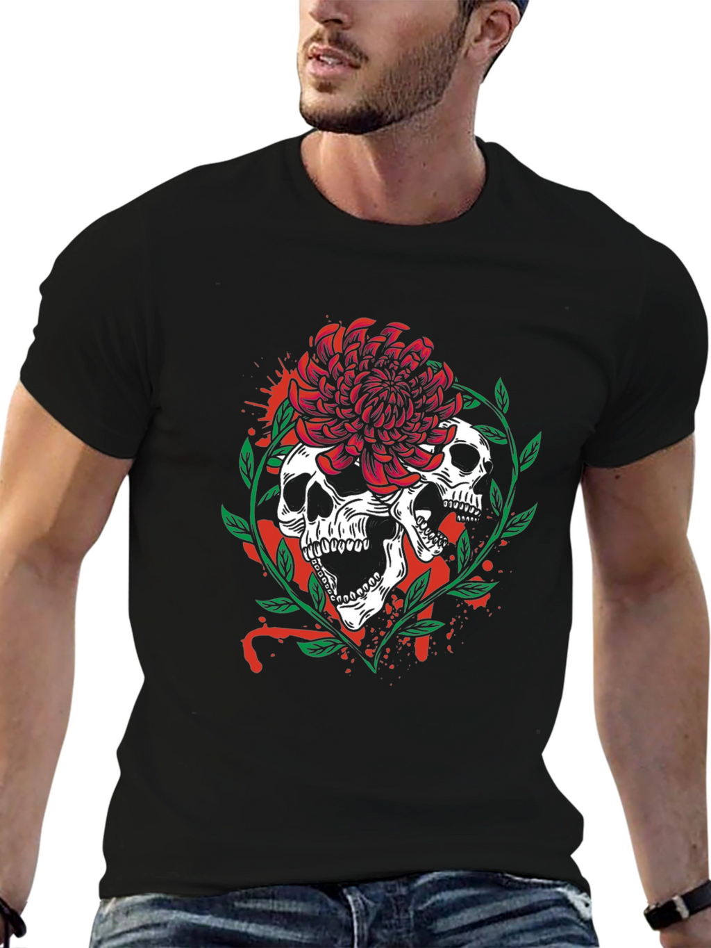 Skull & Flower Graphic Tee - Mens Black T-Shirt