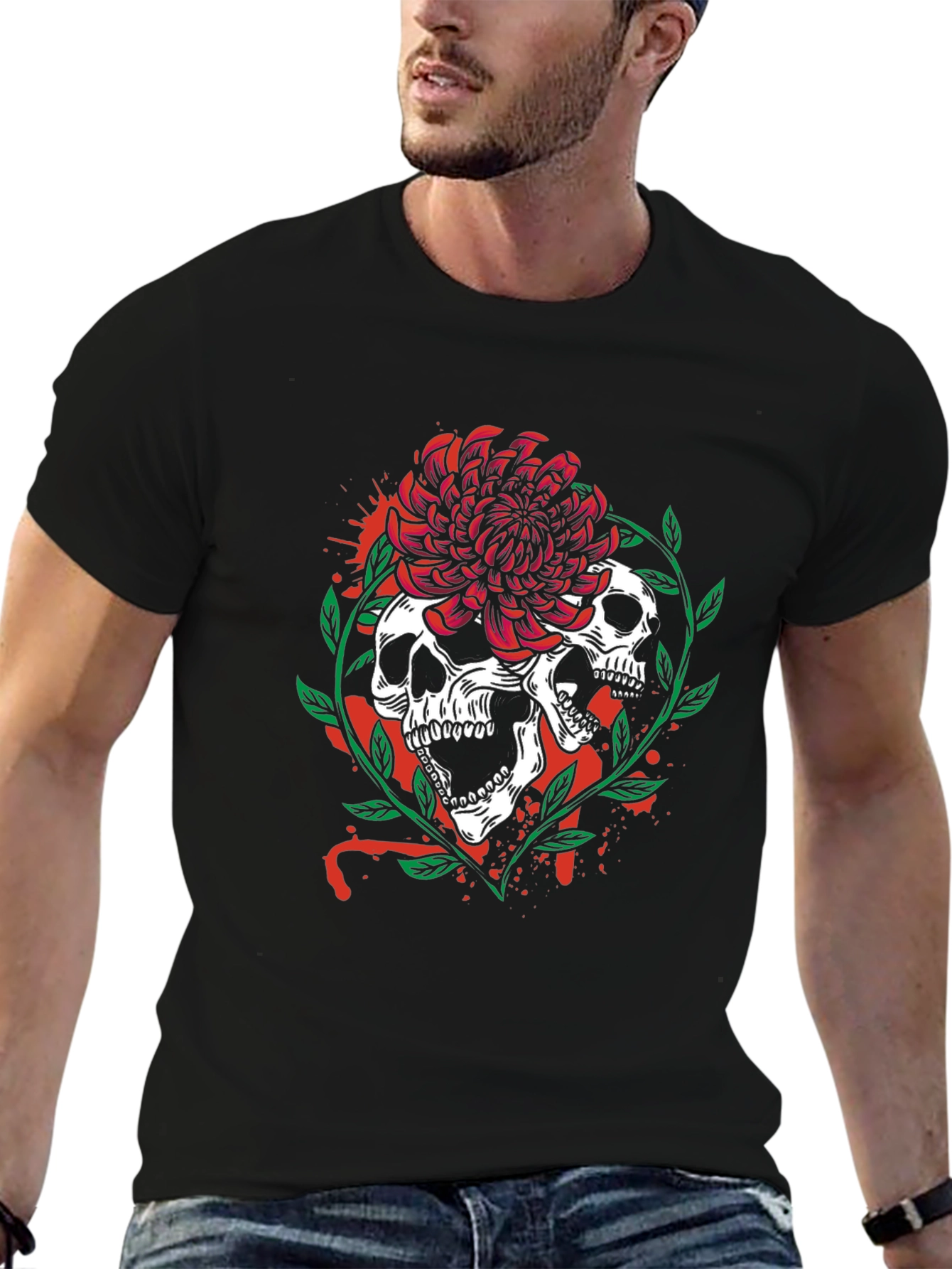 Skull & Flower Graphic Tee - Mens Black T-Shirt