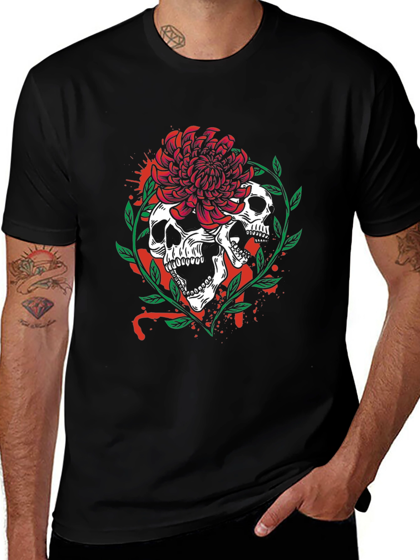 Skull & Flower Graphic Tee - Mens Black T-Shirt