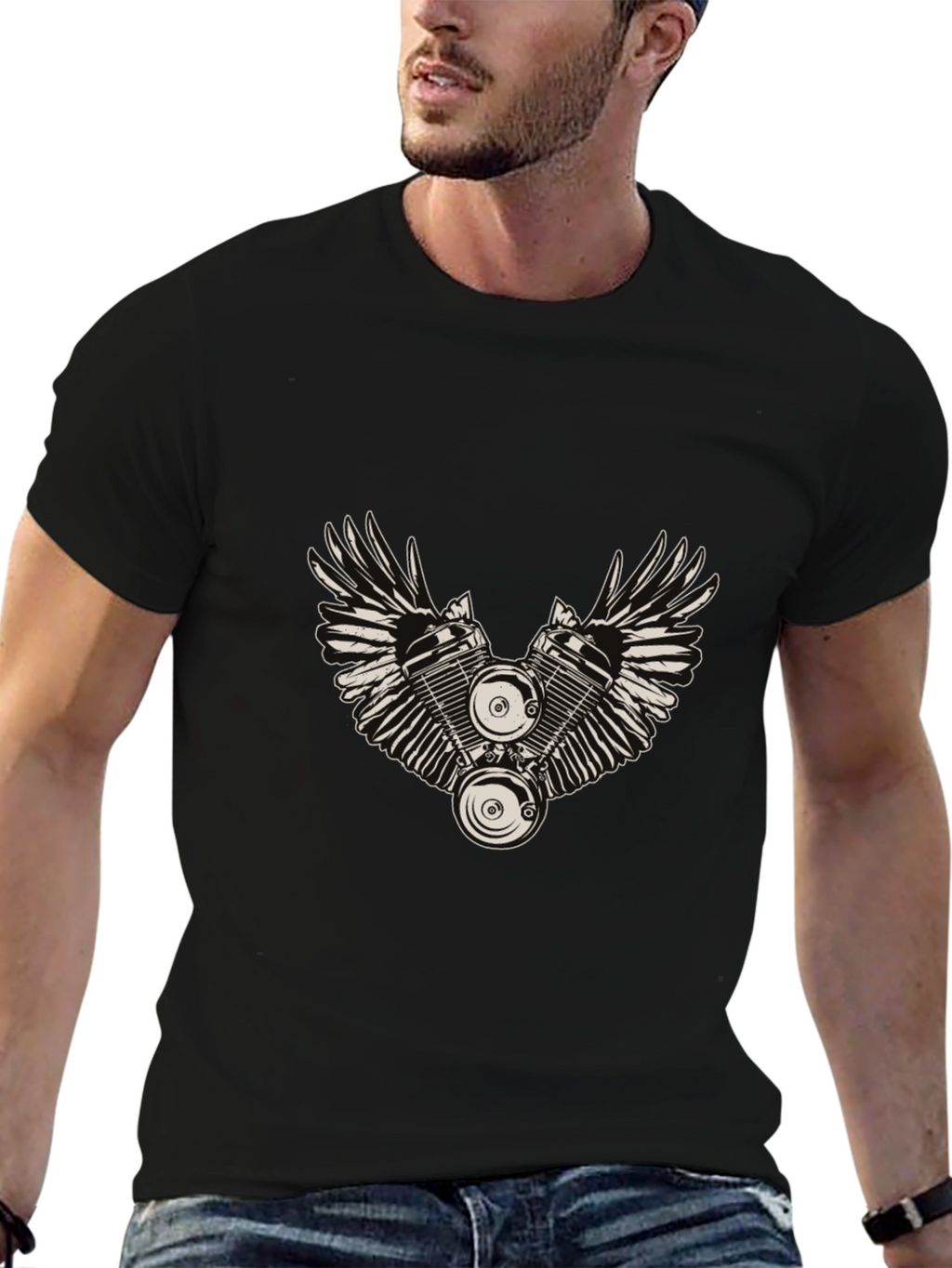 Winged Engine Graphic T-Shirt - Black Cotton