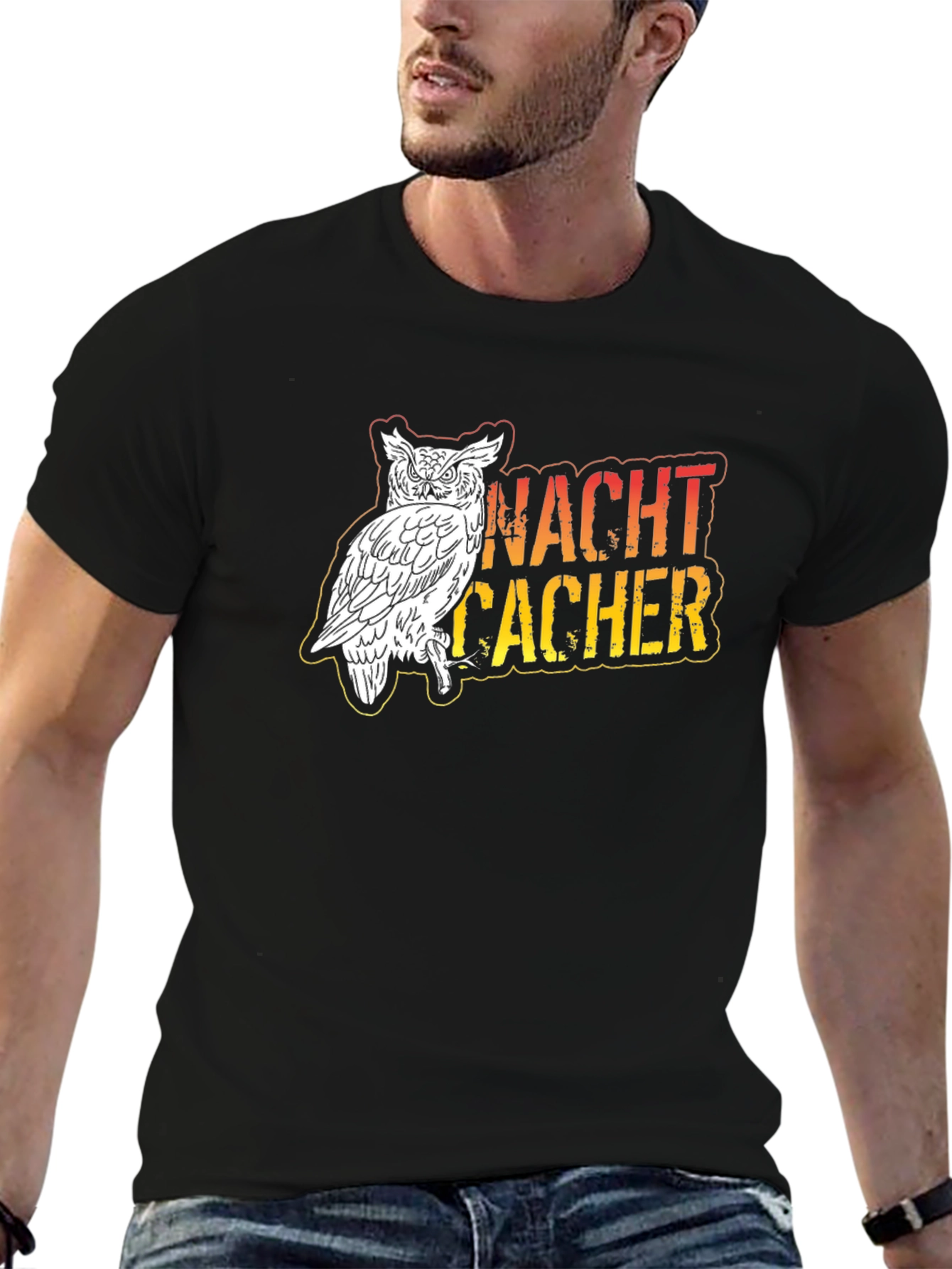Night Cacher Owl Graphic Tee - Black Cotton T-Shirt