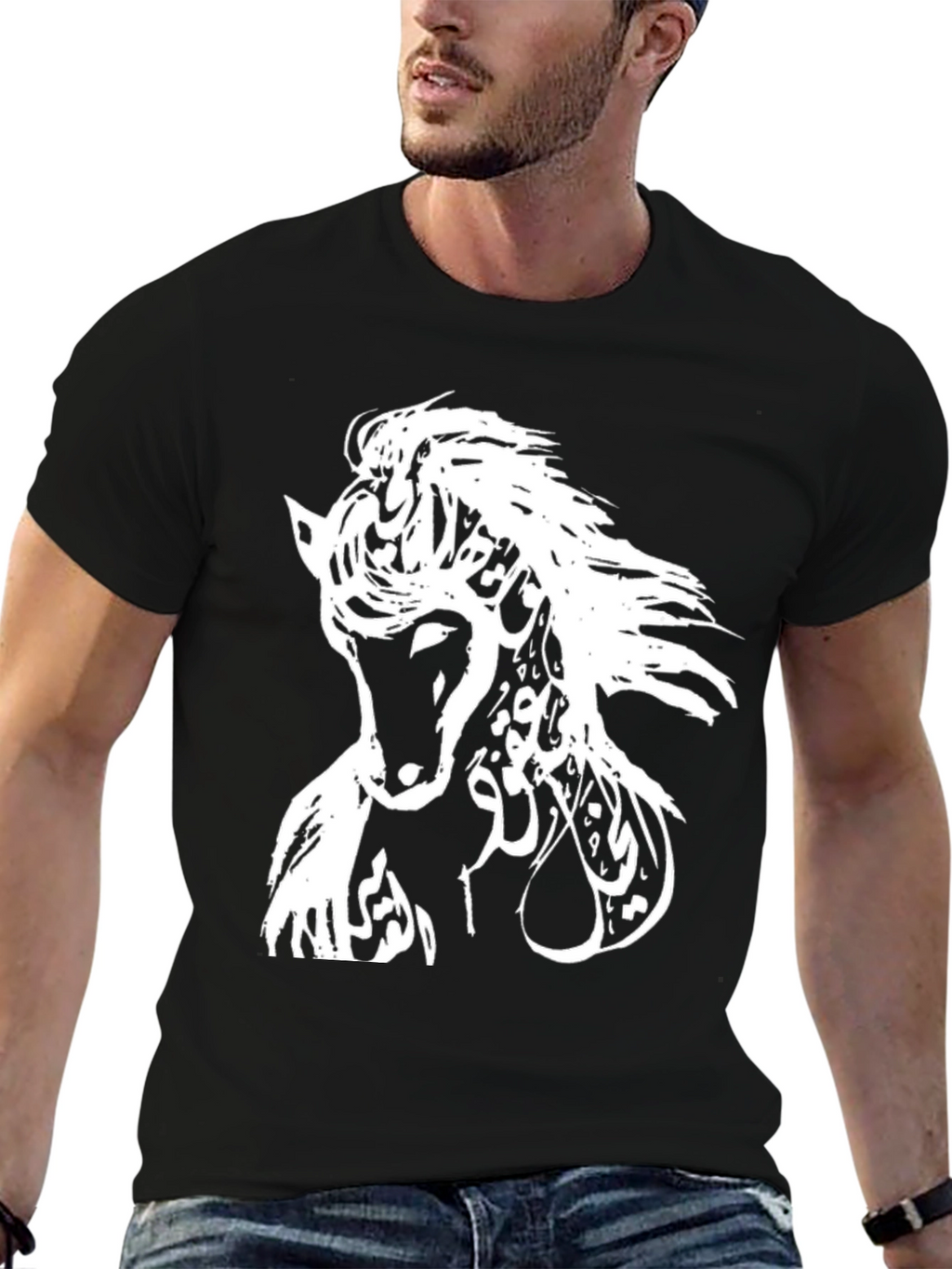 Horse Arabic Calligraphy Mens Black T-Shirt