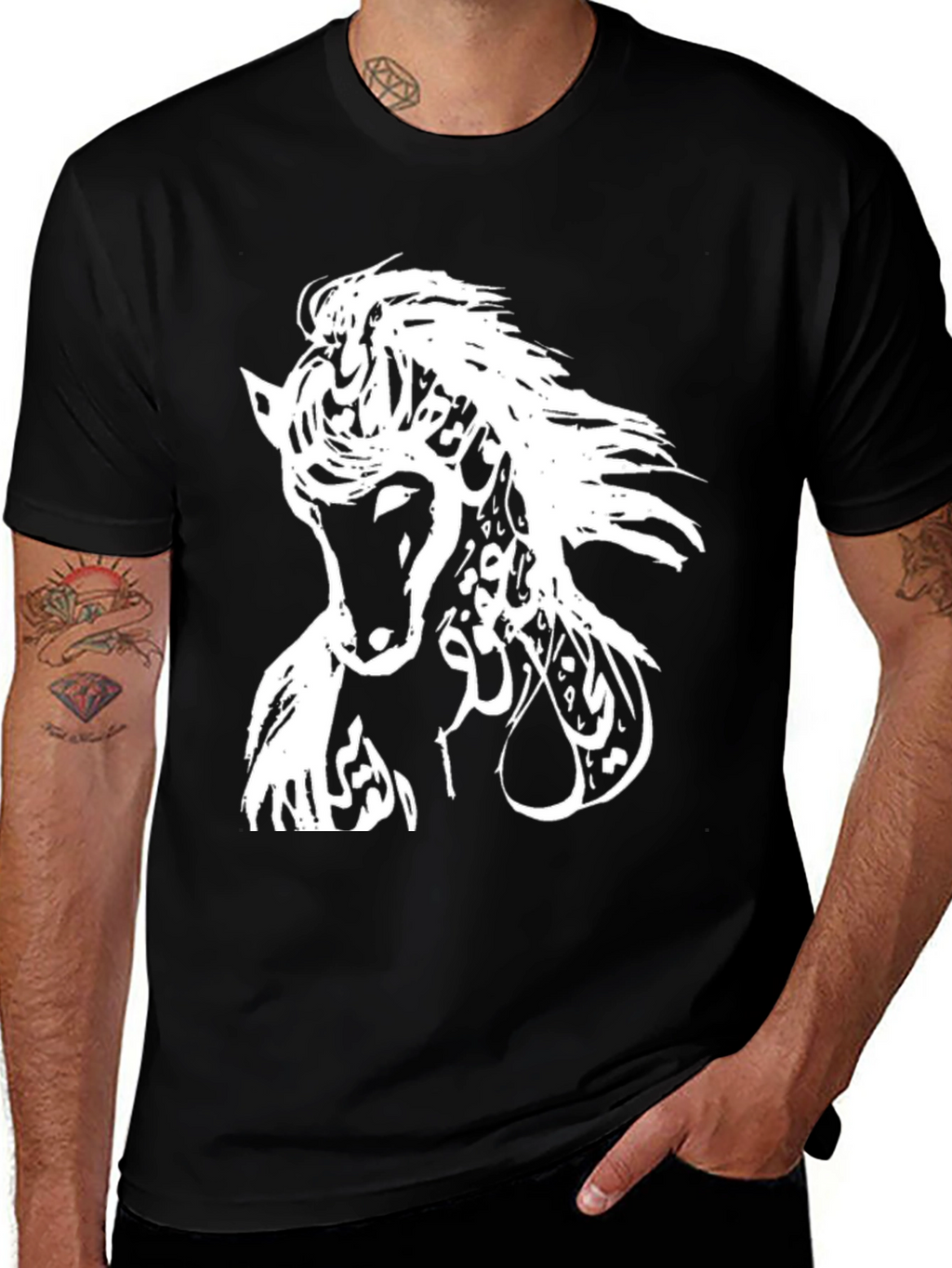 Horse Arabic Calligraphy Mens Black T-Shirt