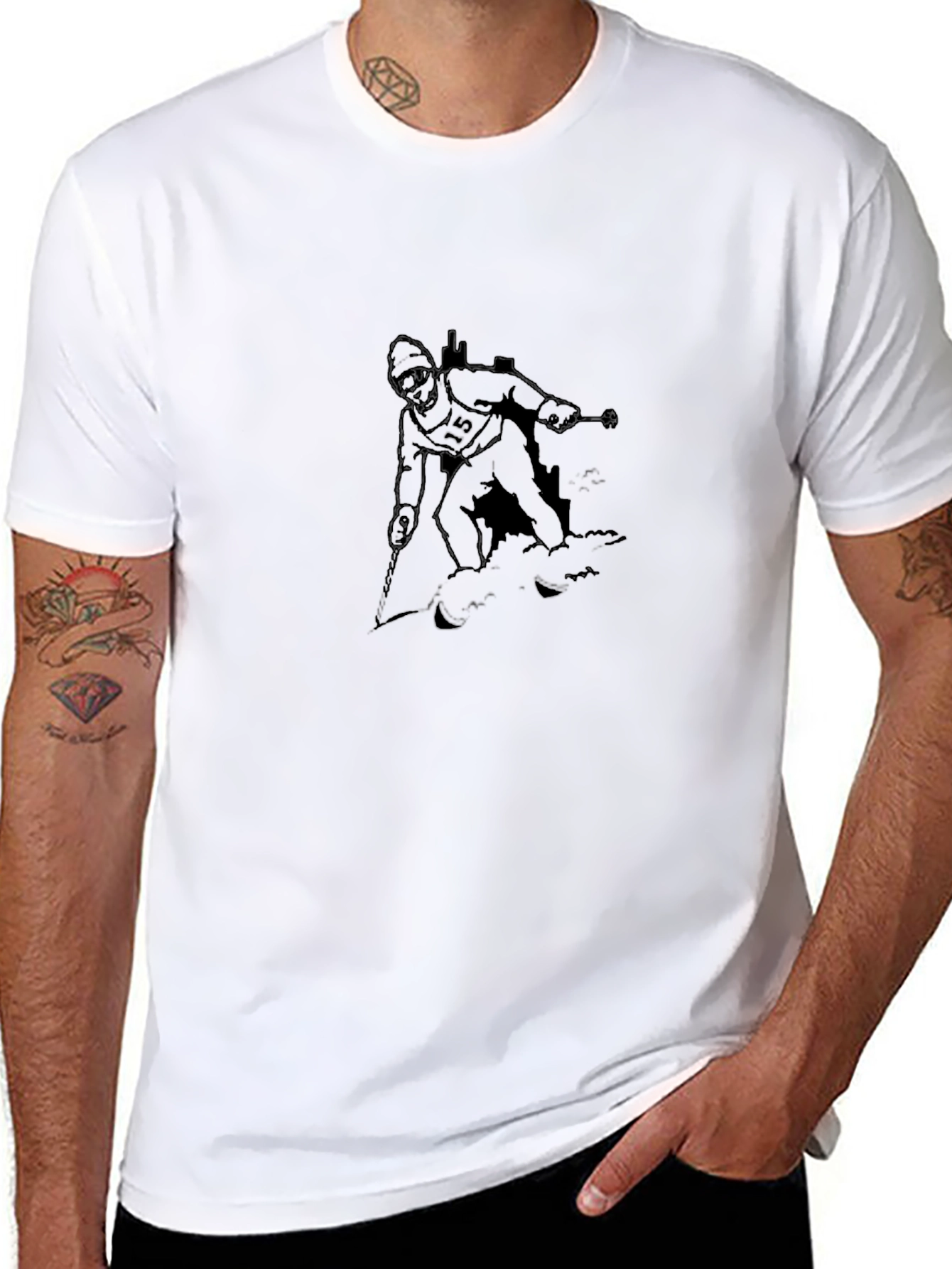 Skier Graphic Tee - Black Cotton Casual