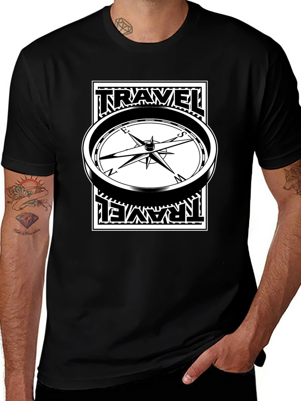 Travel Compass Graphic Tee - Black Cotton T-Shirt