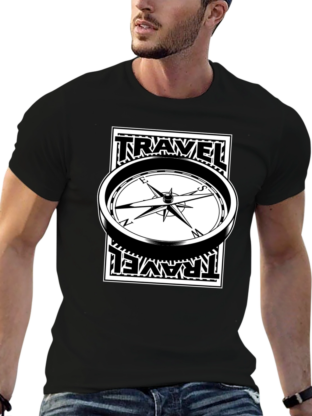 Travel Compass Graphic Tee - Black Cotton T-Shirt