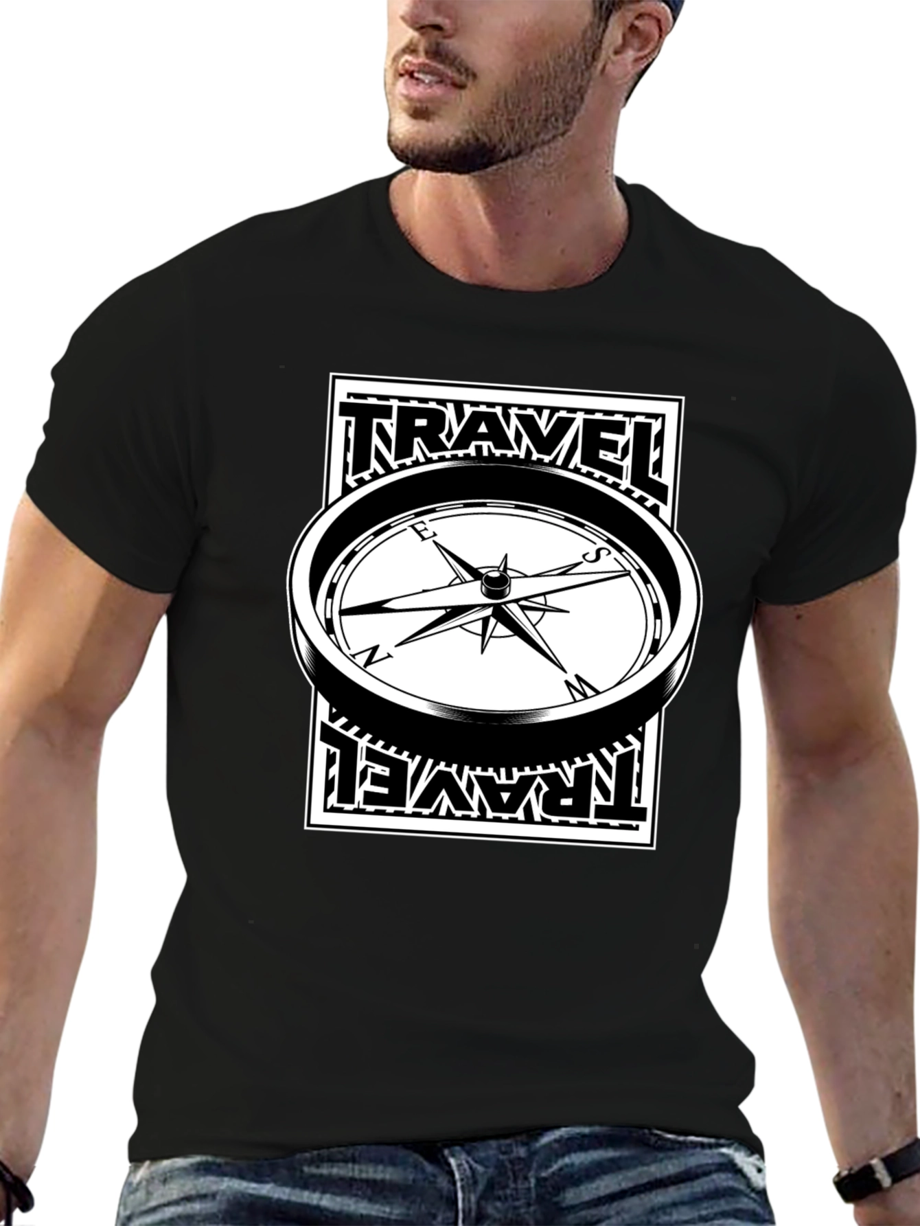 Travel Compass Graphic Tee - Black Cotton T-Shirt