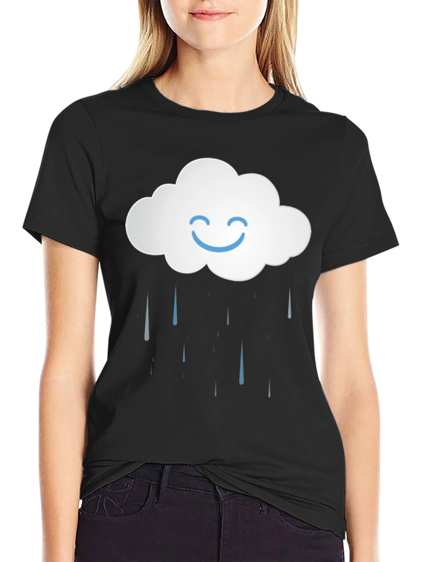 Smiling Cloud Rain T-Shirt - Black Cotton