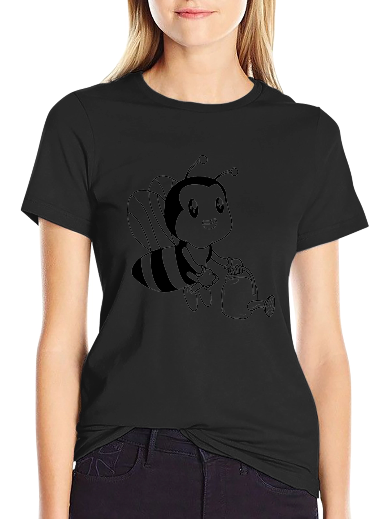 Cute Bee Graphic Tee - Black Cotton Comfort