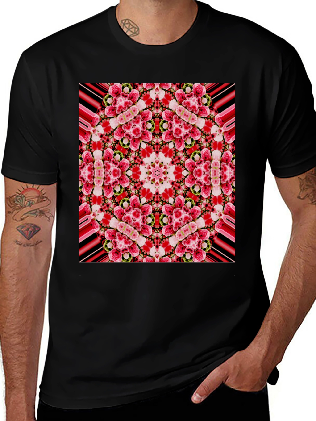 Floral Kaleidoscope Print Black T-Shirt