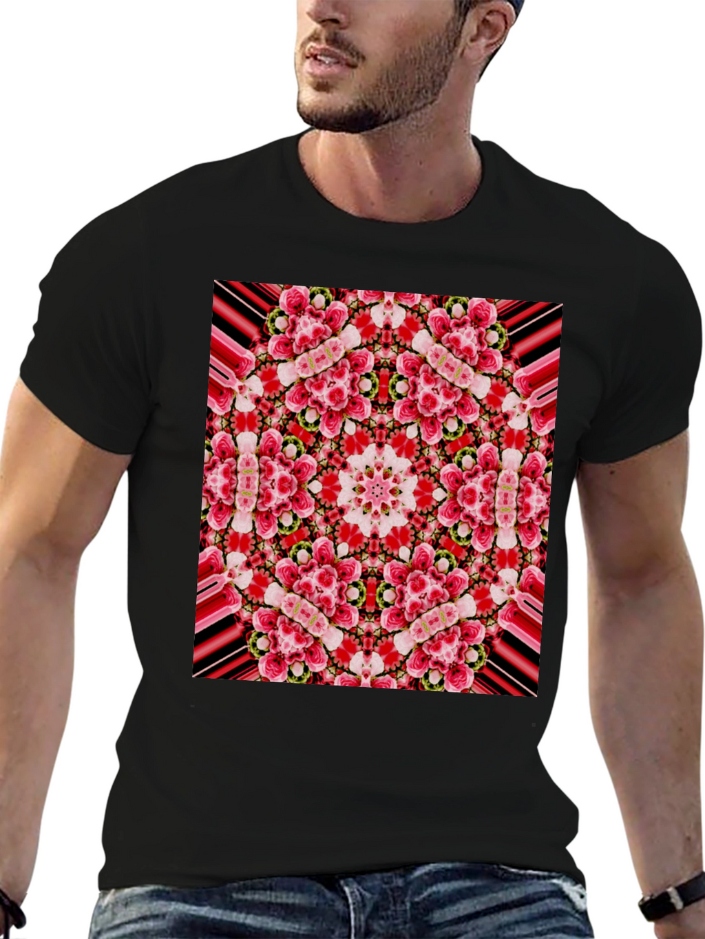 Floral Kaleidoscope Print Black T-Shirt
