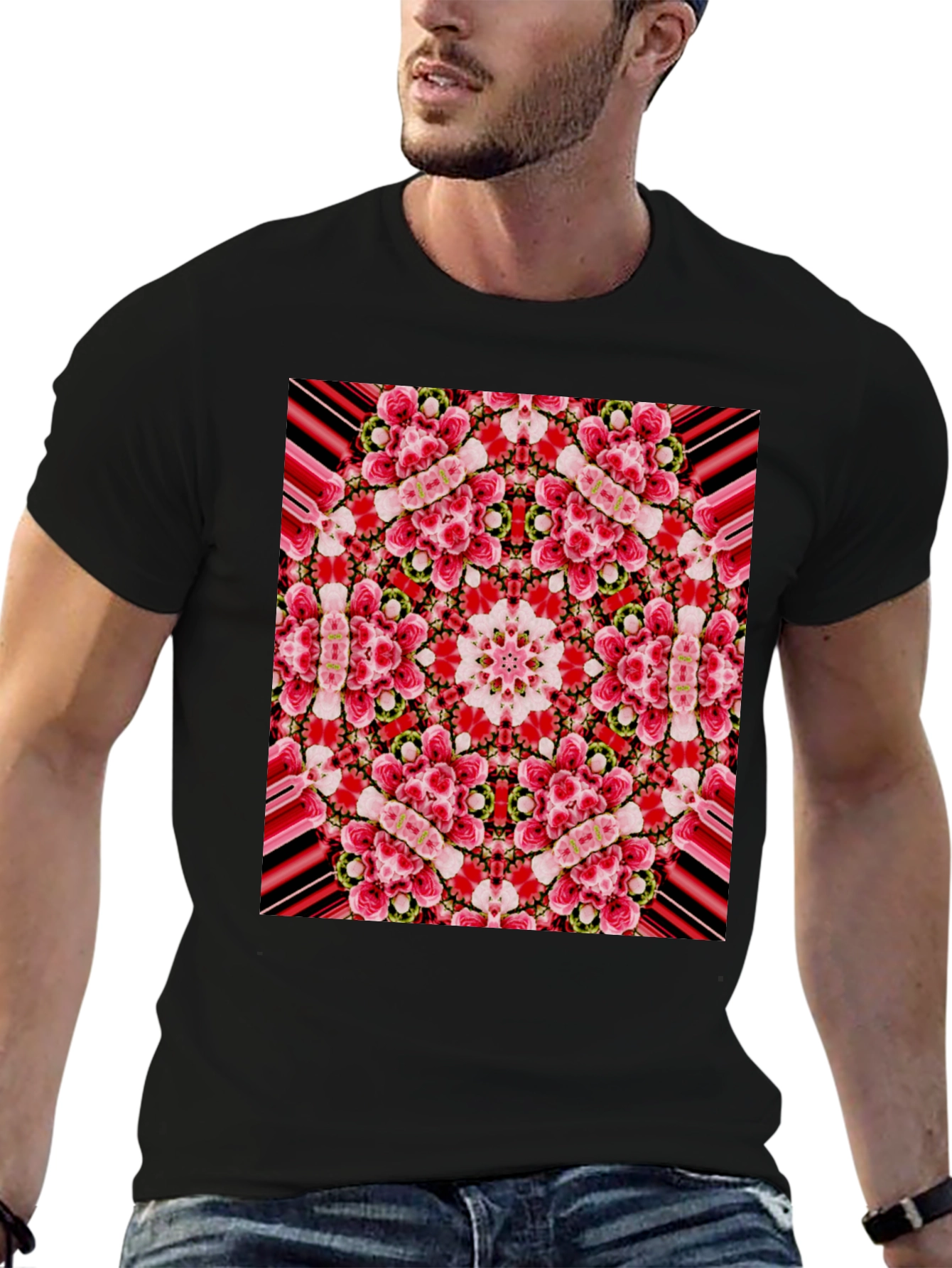 Floral Kaleidoscope Print Black T-Shirt