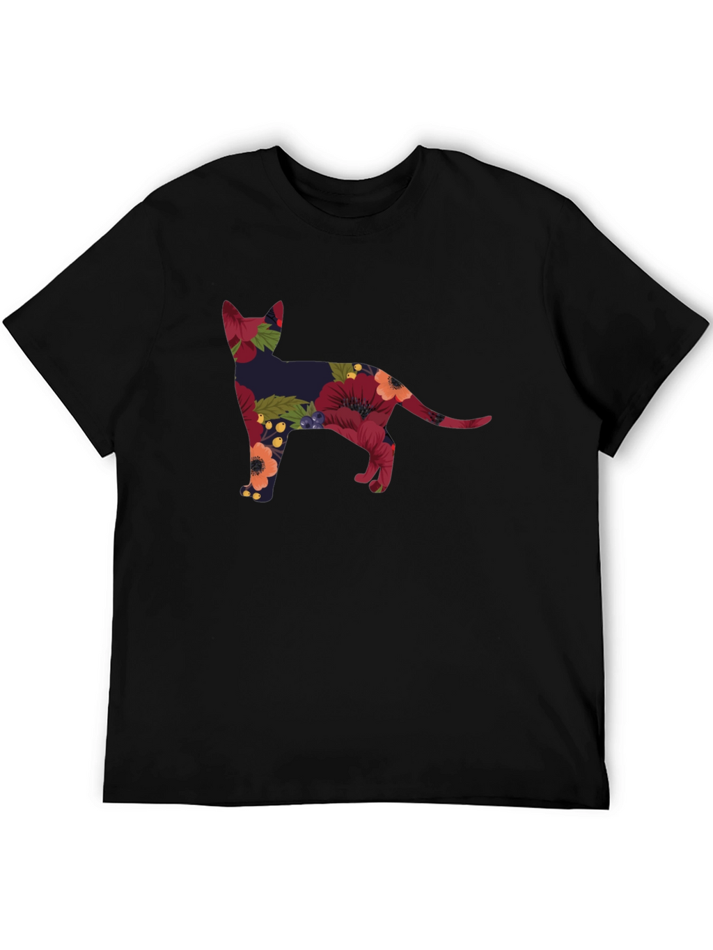 Floral Cat Silhouette Tee - Black Crew Neck