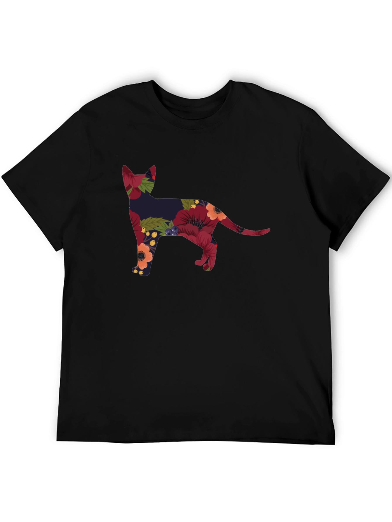 Floral Cat Silhouette Tee - Black Crew Neck