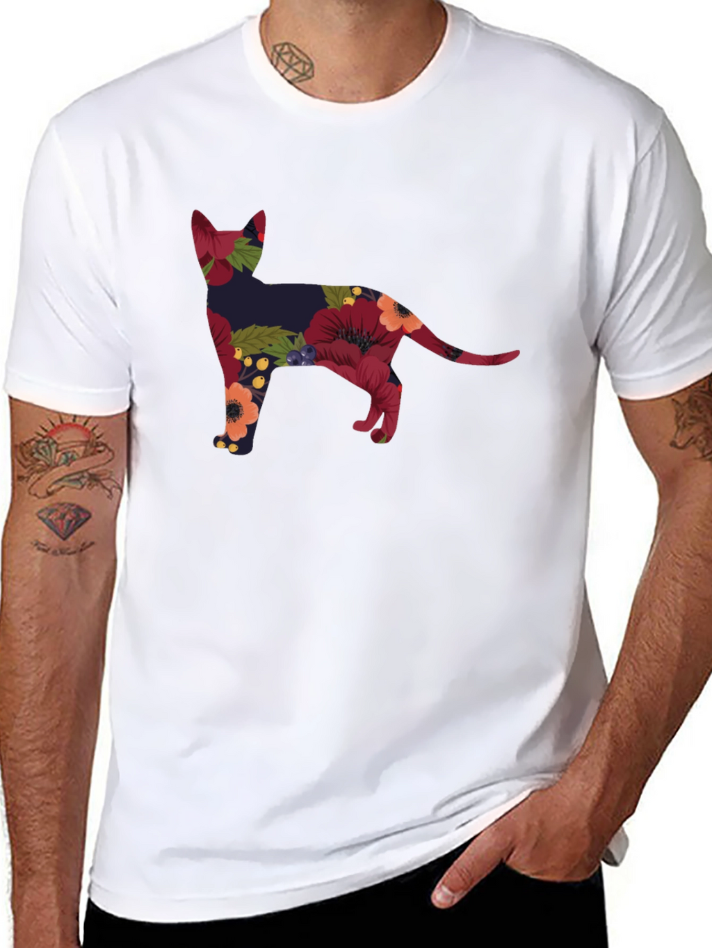 Floral Cat Silhouette Tee - Black Crew Neck