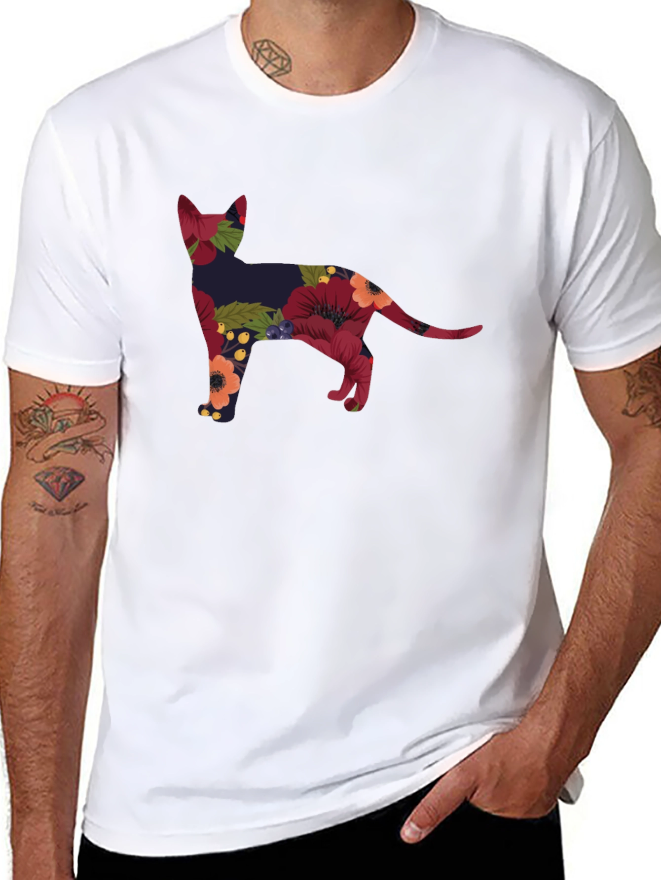 Floral Cat Silhouette Tee - Black Crew Neck