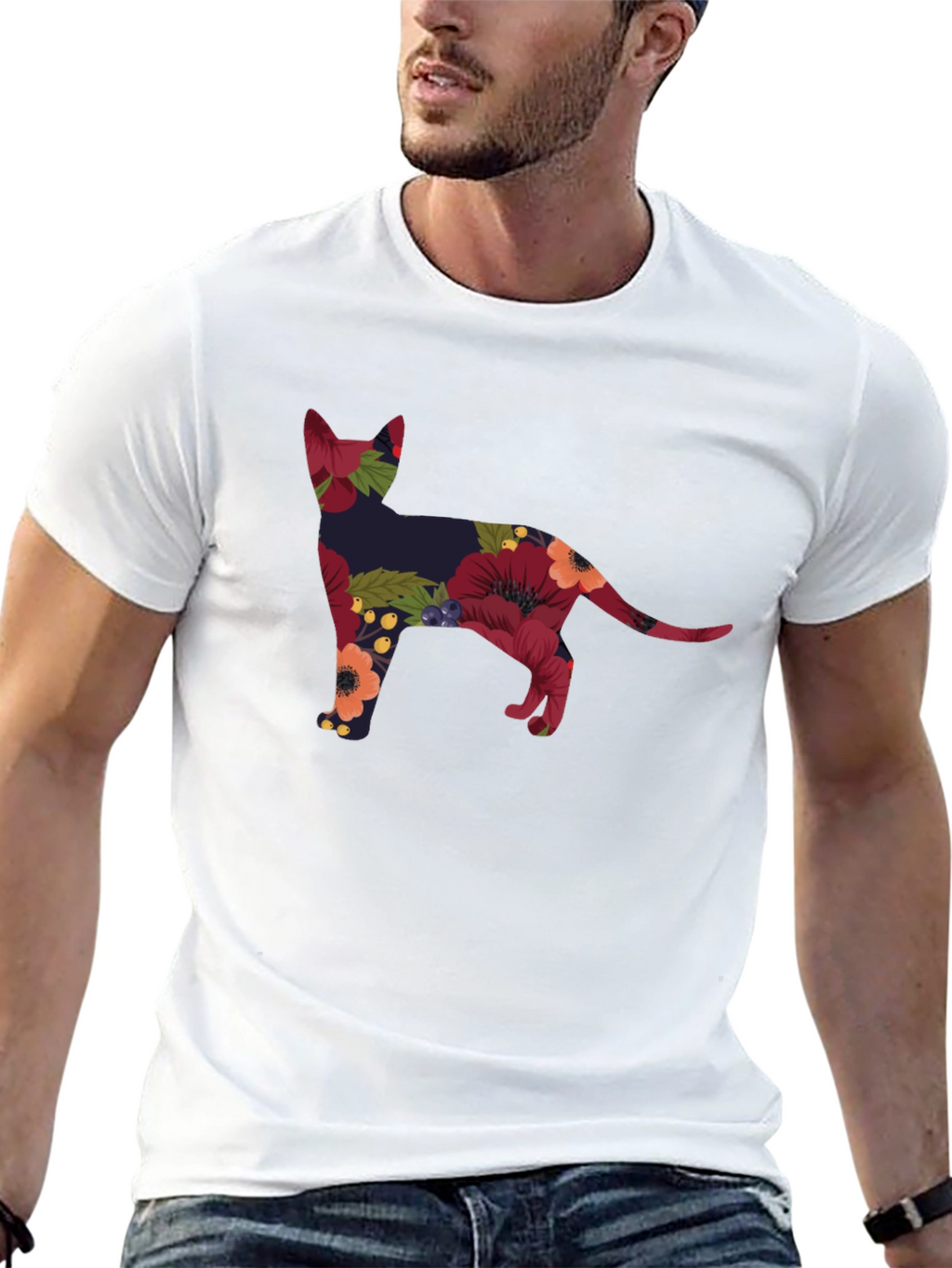 Floral Cat Silhouette Tee - Black Crew Neck