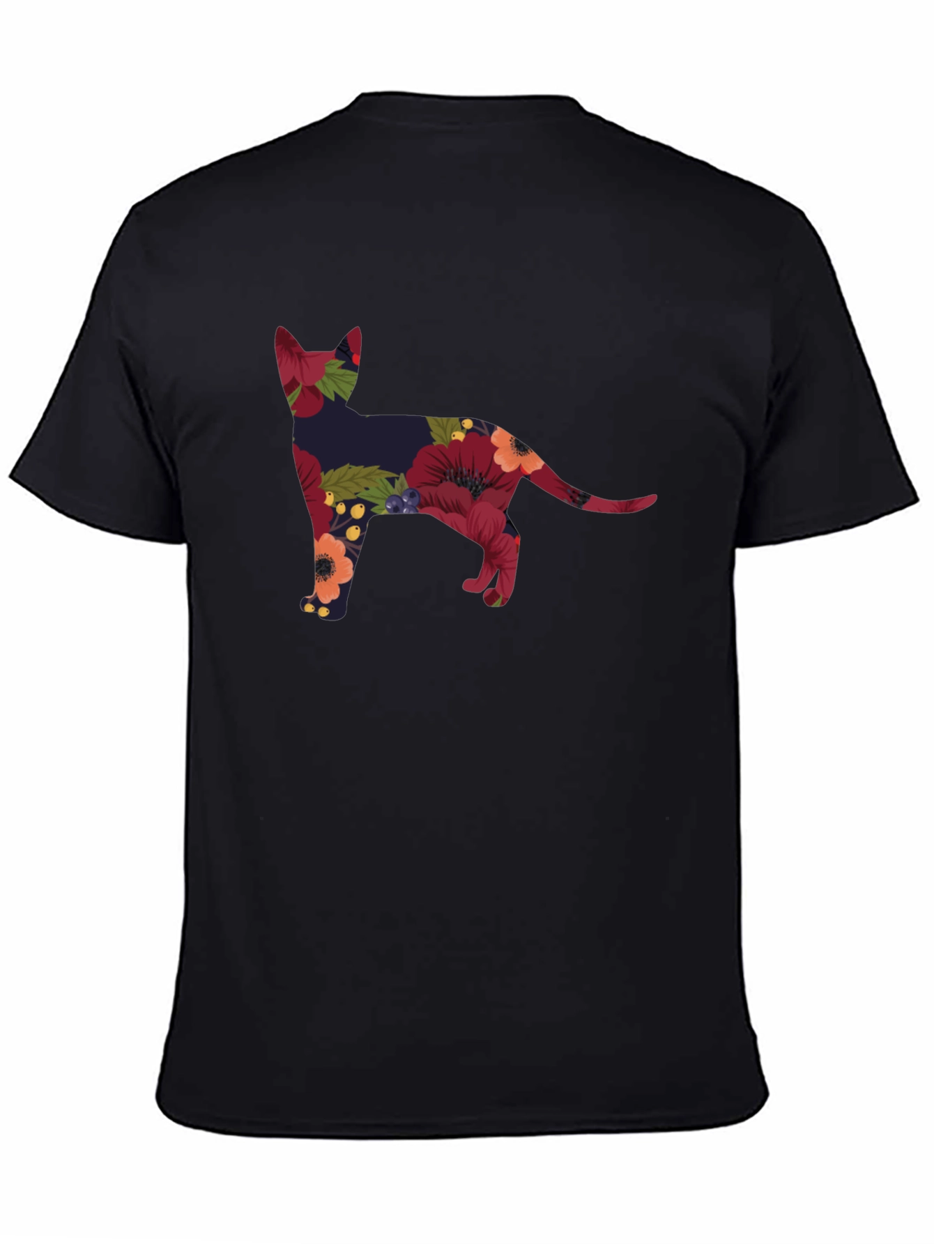 Floral Cat Silhouette Tee - Black Crew Neck