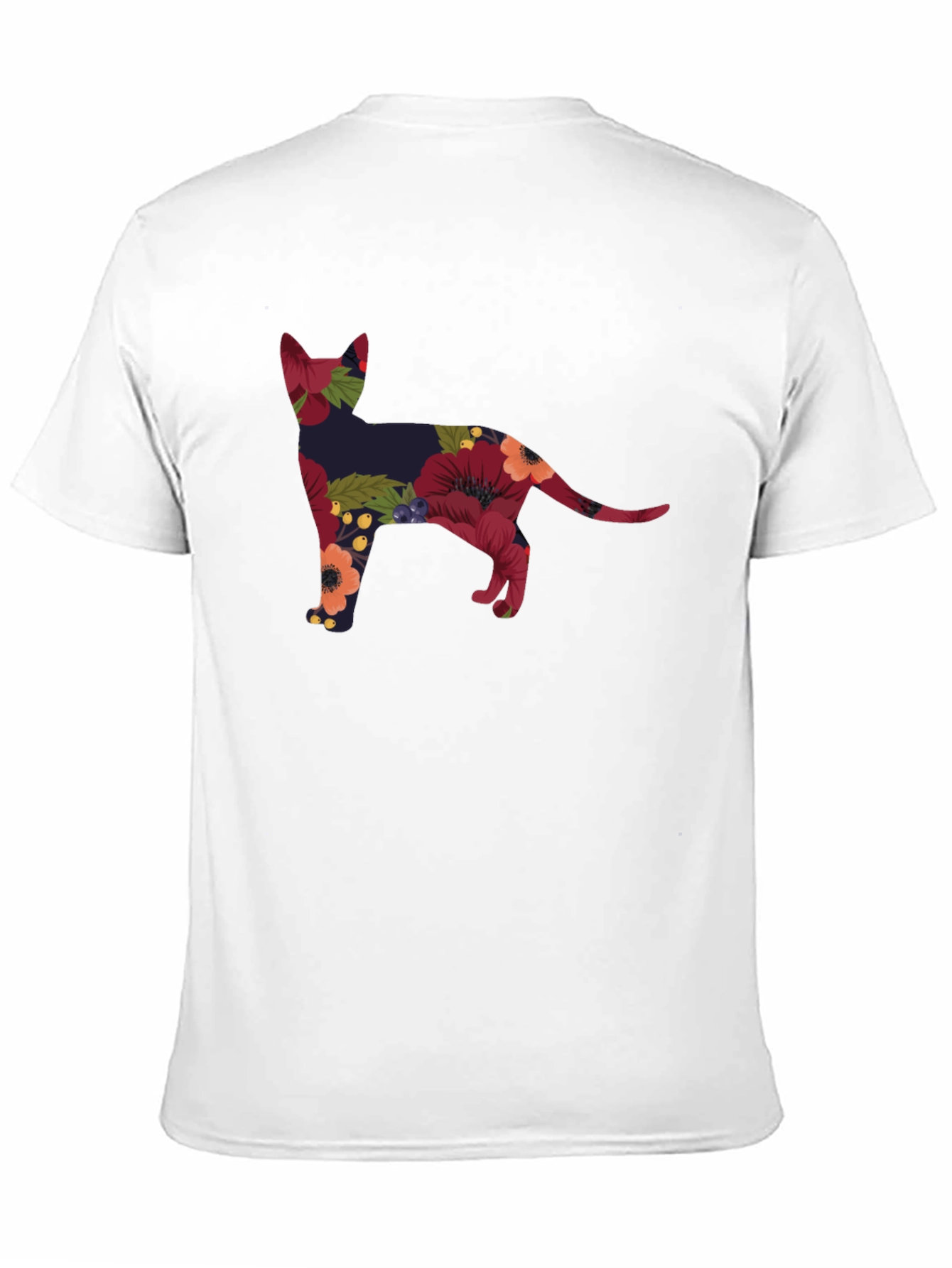 Floral Cat Silhouette Tee - Black Crew Neck