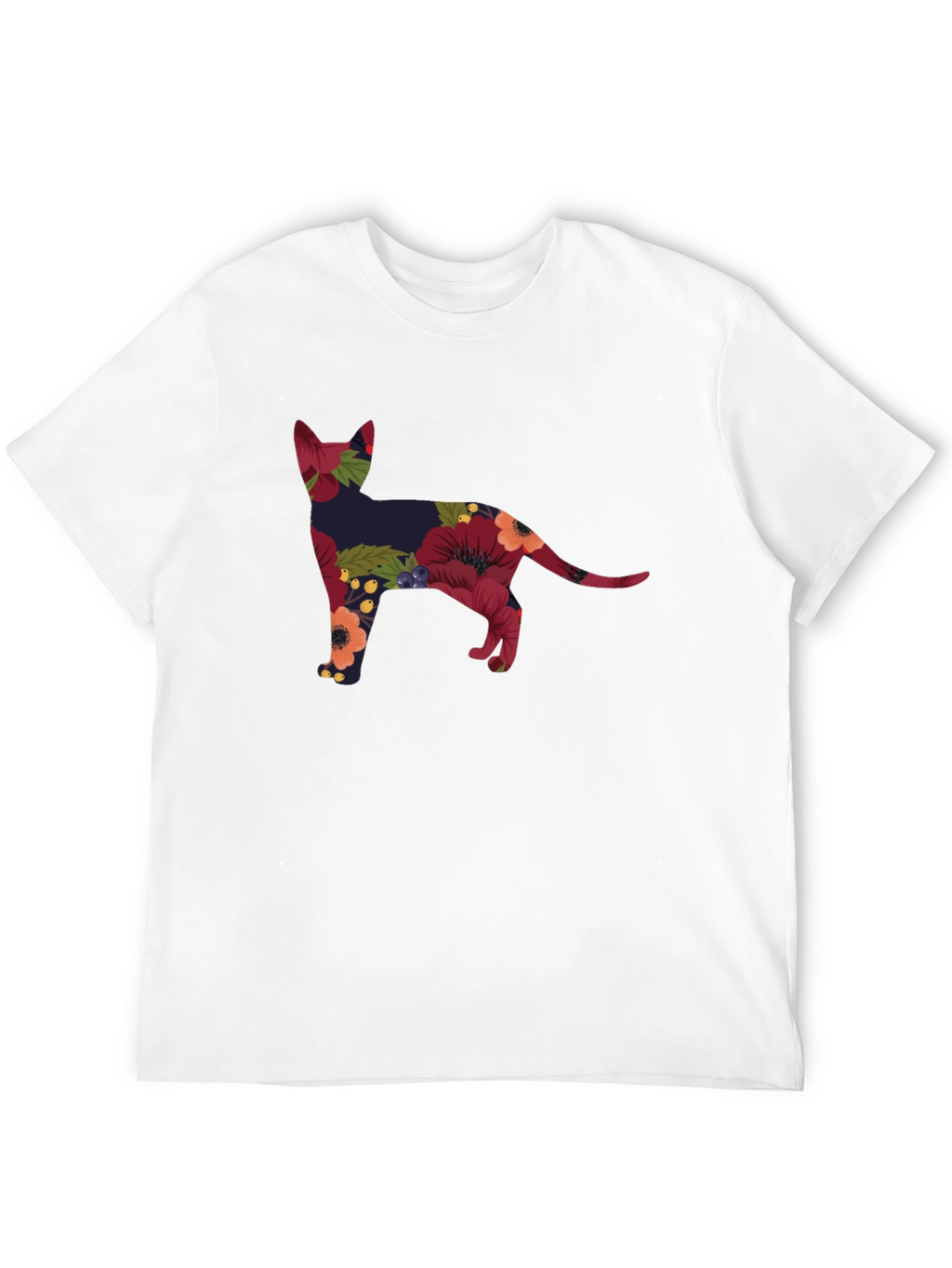 Floral Cat Silhouette Tee - Black Crew Neck